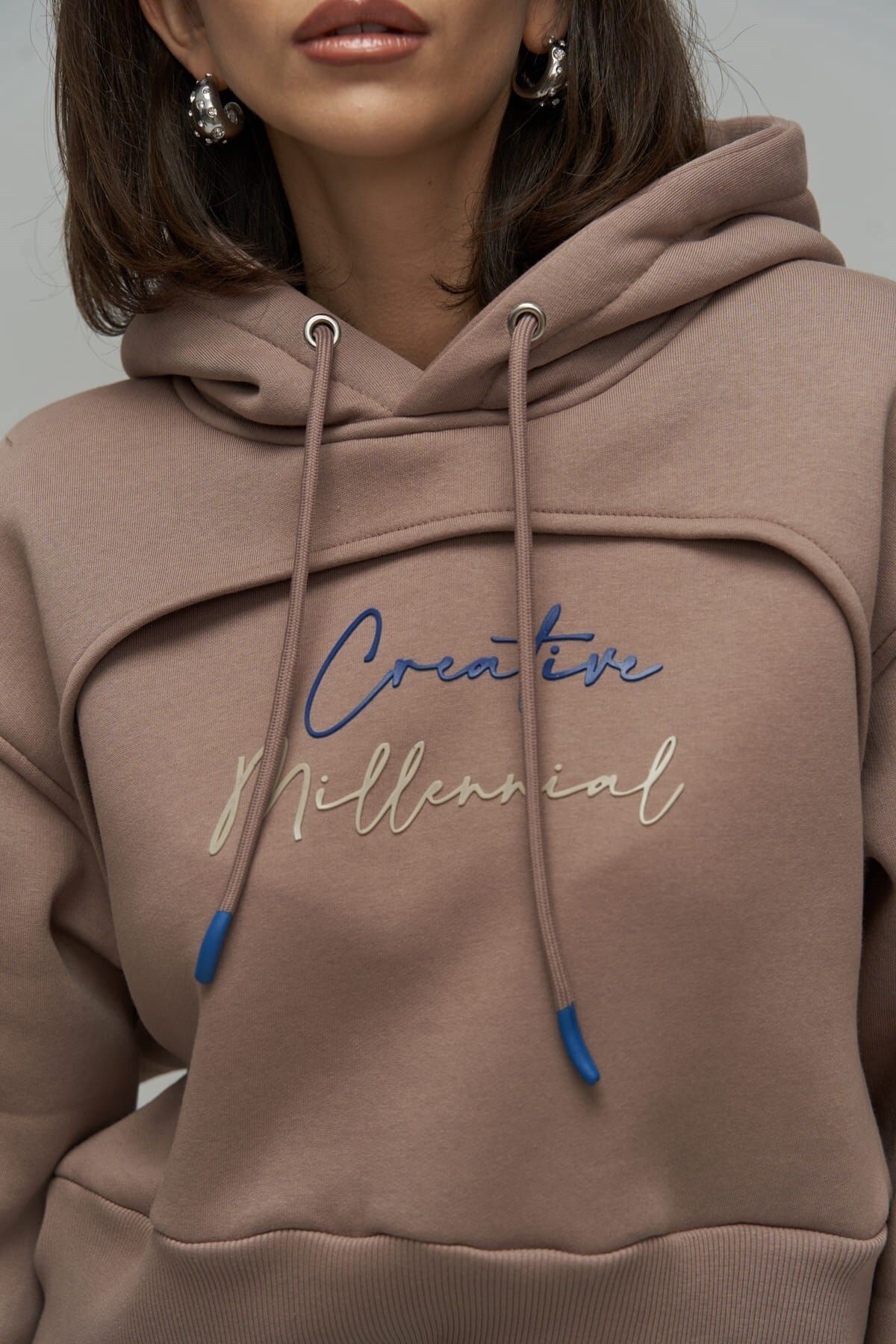 MAİ COLLECTİON-Creative Taupe Crop Sweatshirt 6