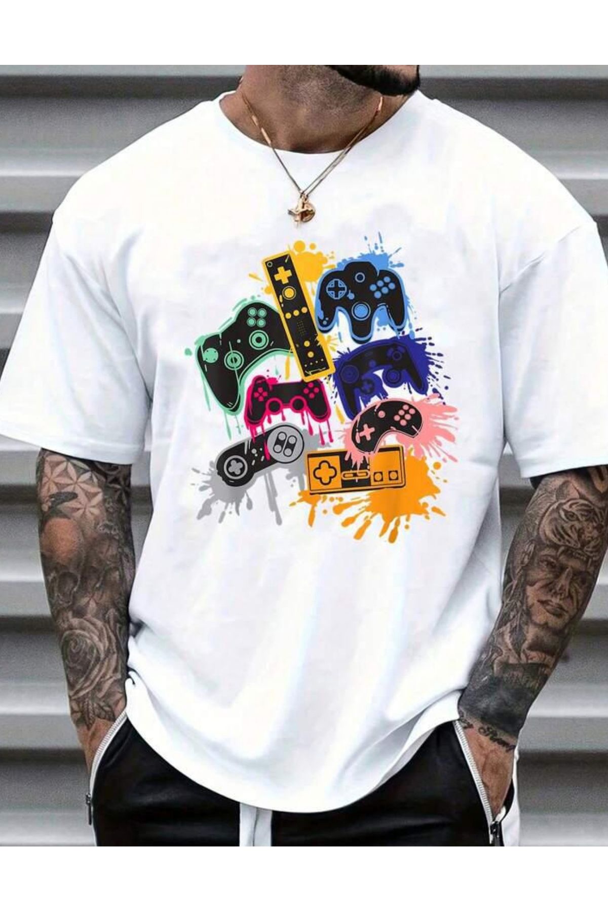NEMESA Unısex Kadın/Erkek Baskılı Oversize Düşük Kol Bisiklet Yaka T-Shirt