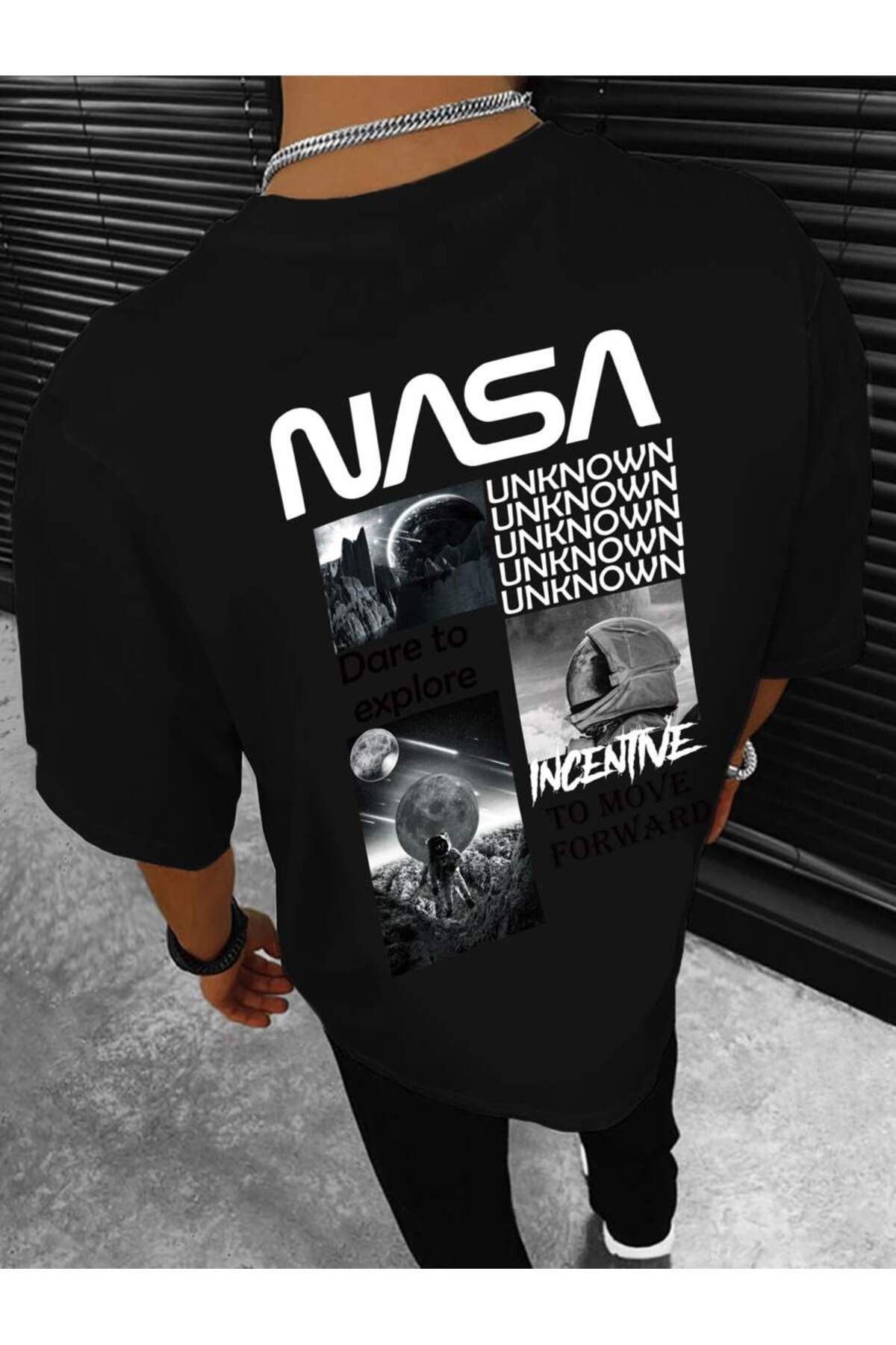 KAPHONE Erkek Oversize Pamuklu Nasa Ön Arka Baskılı T-shirt