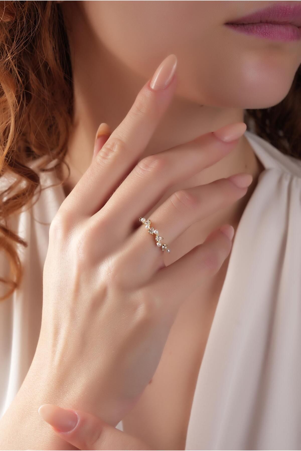 Çlk Accessories Premium Ayarlanabilir Minimal Taşlı Üçgen İnci Yüzük 1485