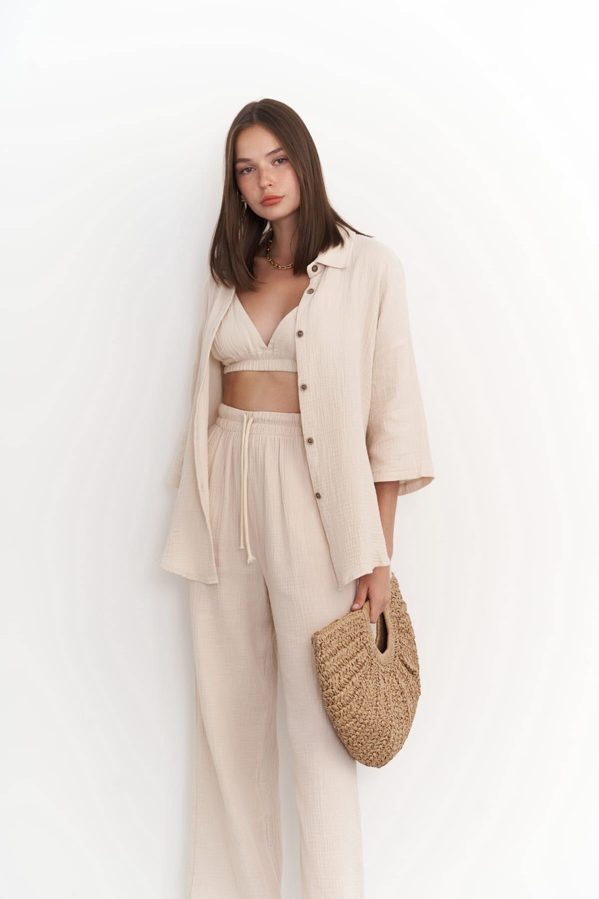 BOHEMAİ-Reyna Dark Beige Muslin Triple Set 7