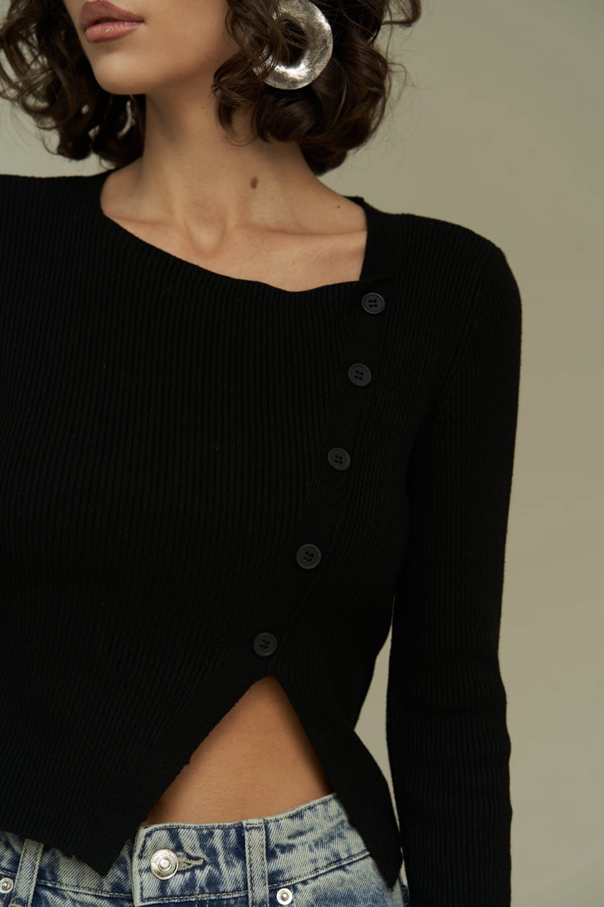 MAİ COLLECTİON-Kloe Button Detail Black Knitwear Crop 5