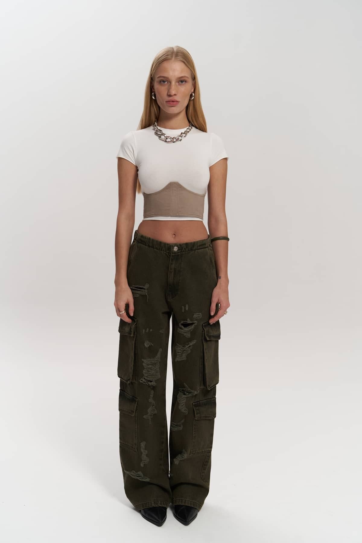 MAİ COLLECTİON-Pantaloni cargo cu detalii rupte Dries Dirty Green 2