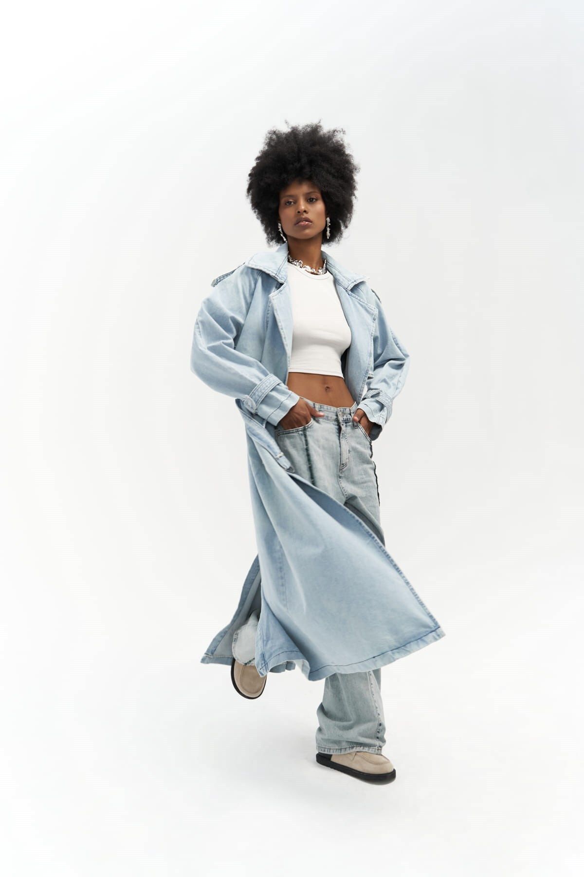 MAİ COLLECTİON-Καμπαρντίνα Ice Blue Jean Trench Coat 1