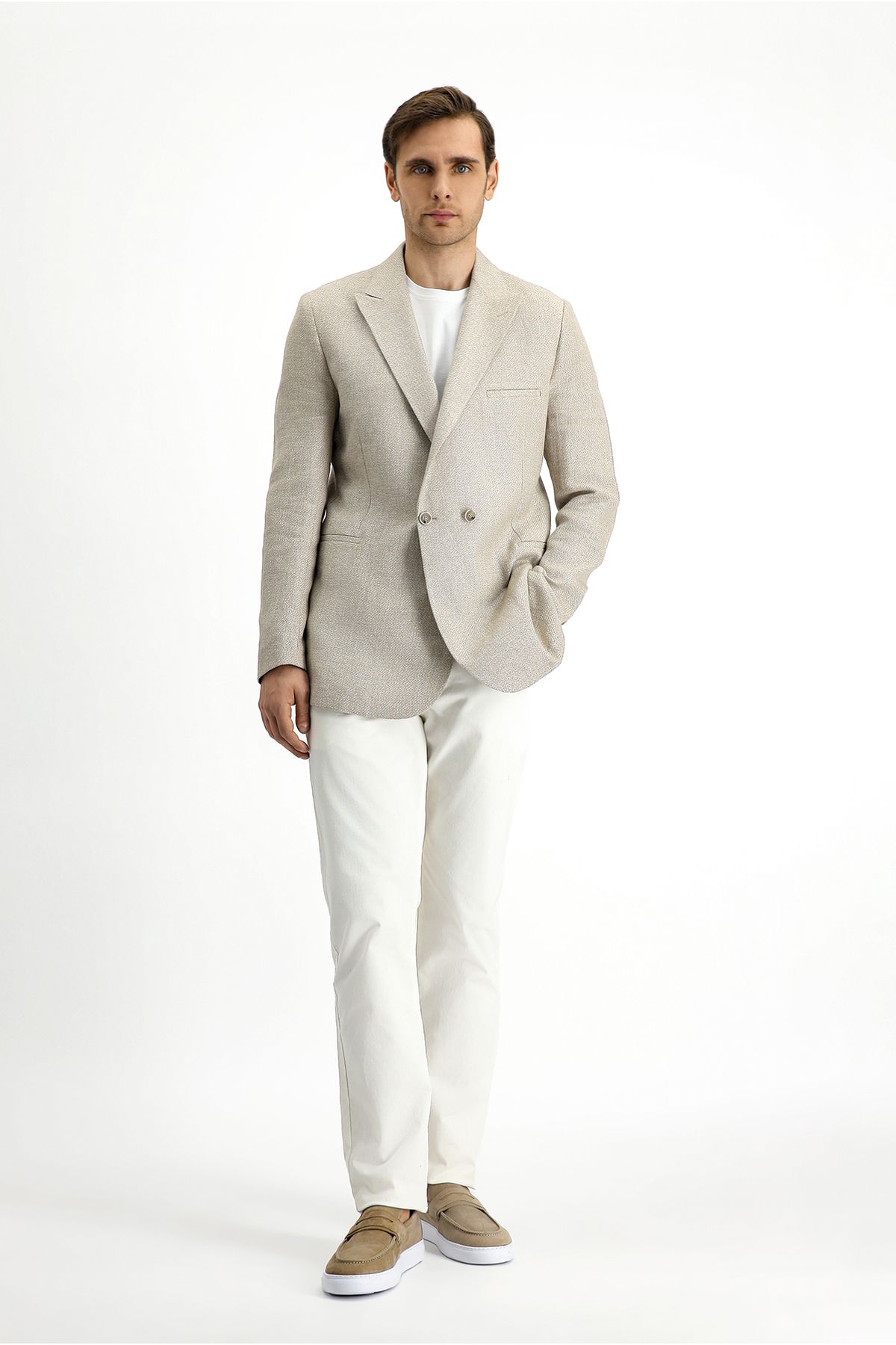 Kiğılı Slim Fit Dar Kesim Keten Karışımlı Kruvaze Ceket