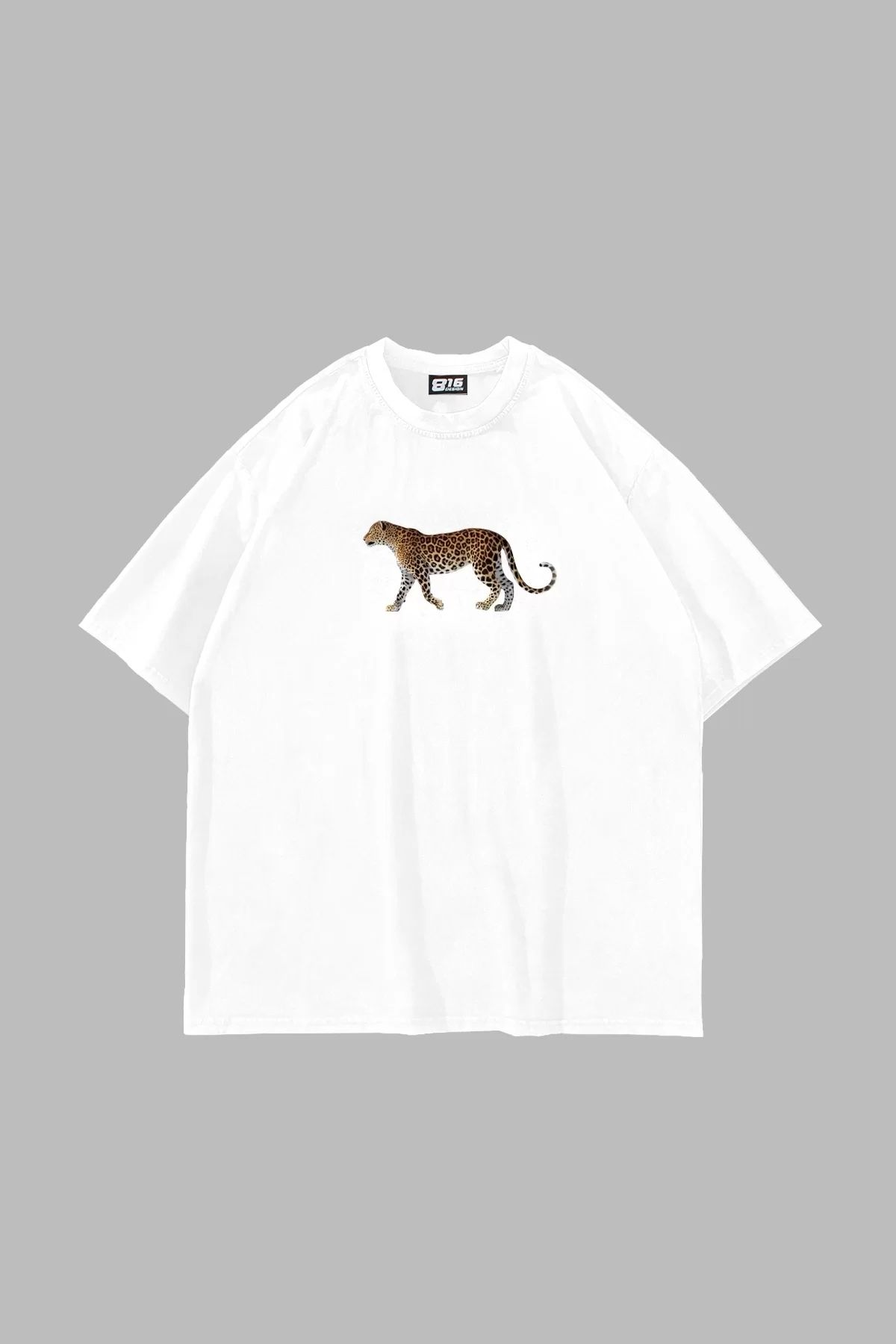 Bak Moda Walking Leopard Baskılı Oversize Unisex Beyaz Tshirt