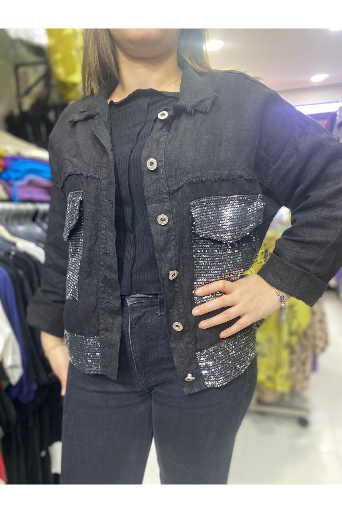 Butik Ayseba Kadın Siyah Keten Pul Payet Pullu Ceket