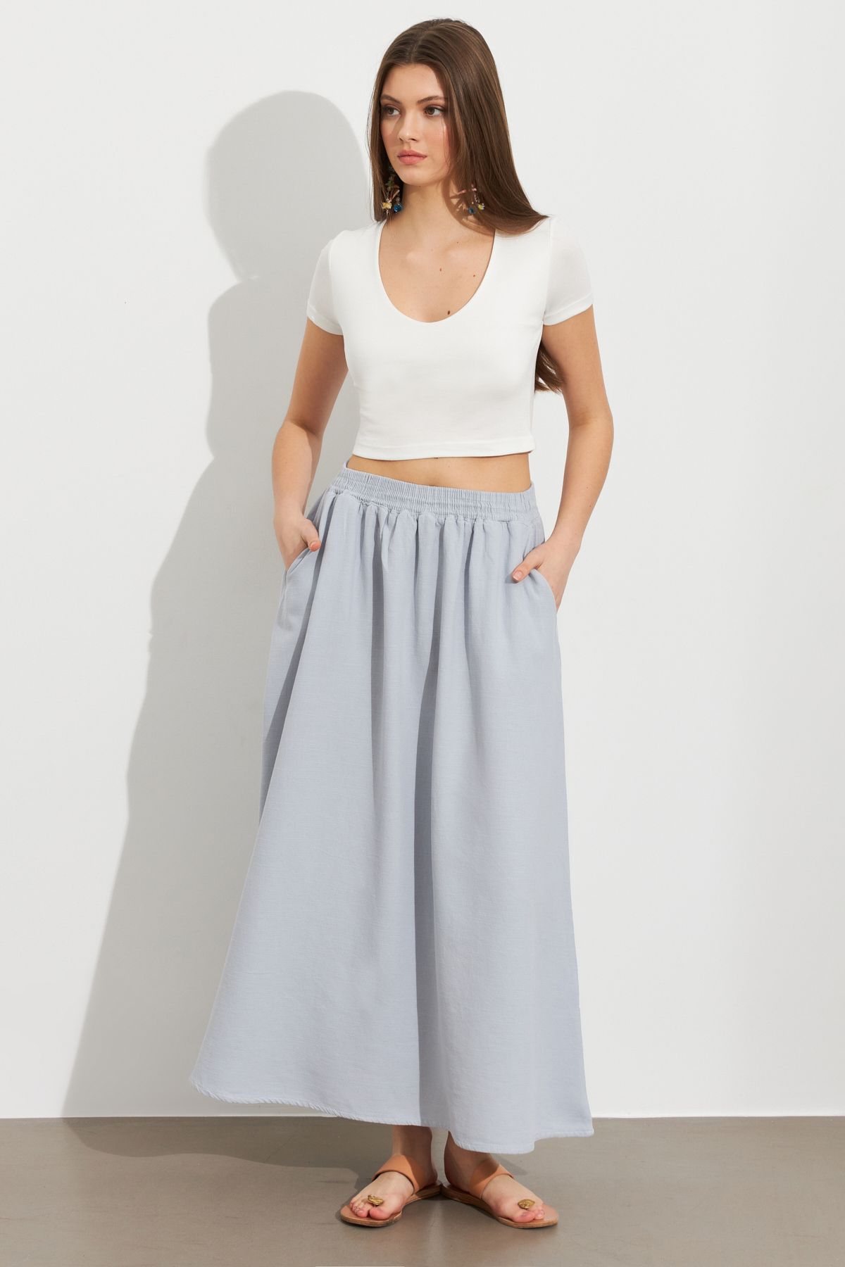 Cool & Sexy Kadın Bebe Mavi Keten Cepli Midi Etek RSP4440