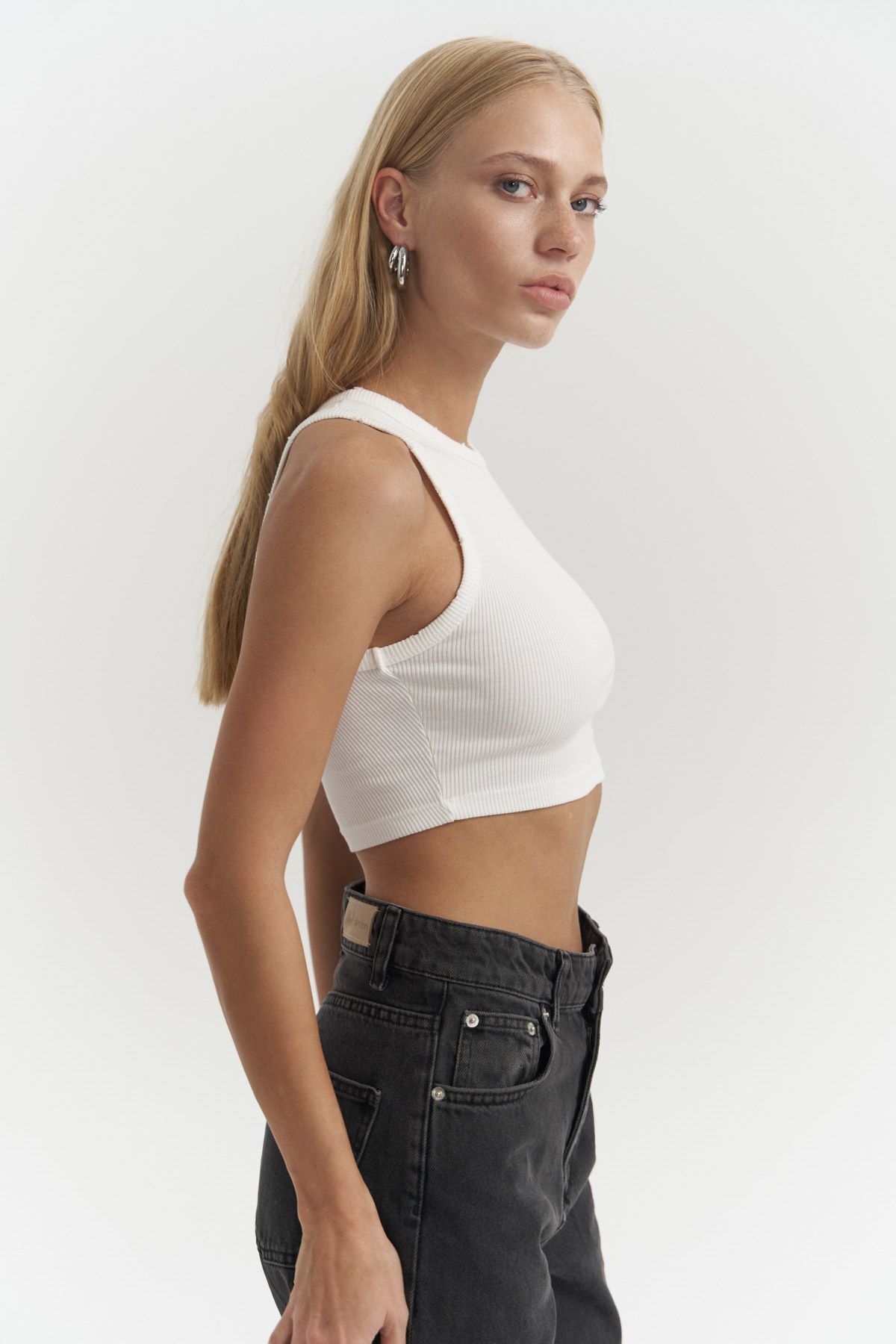 MAİ COLLECTİON-Shoulder White Washed Corded Crop 5