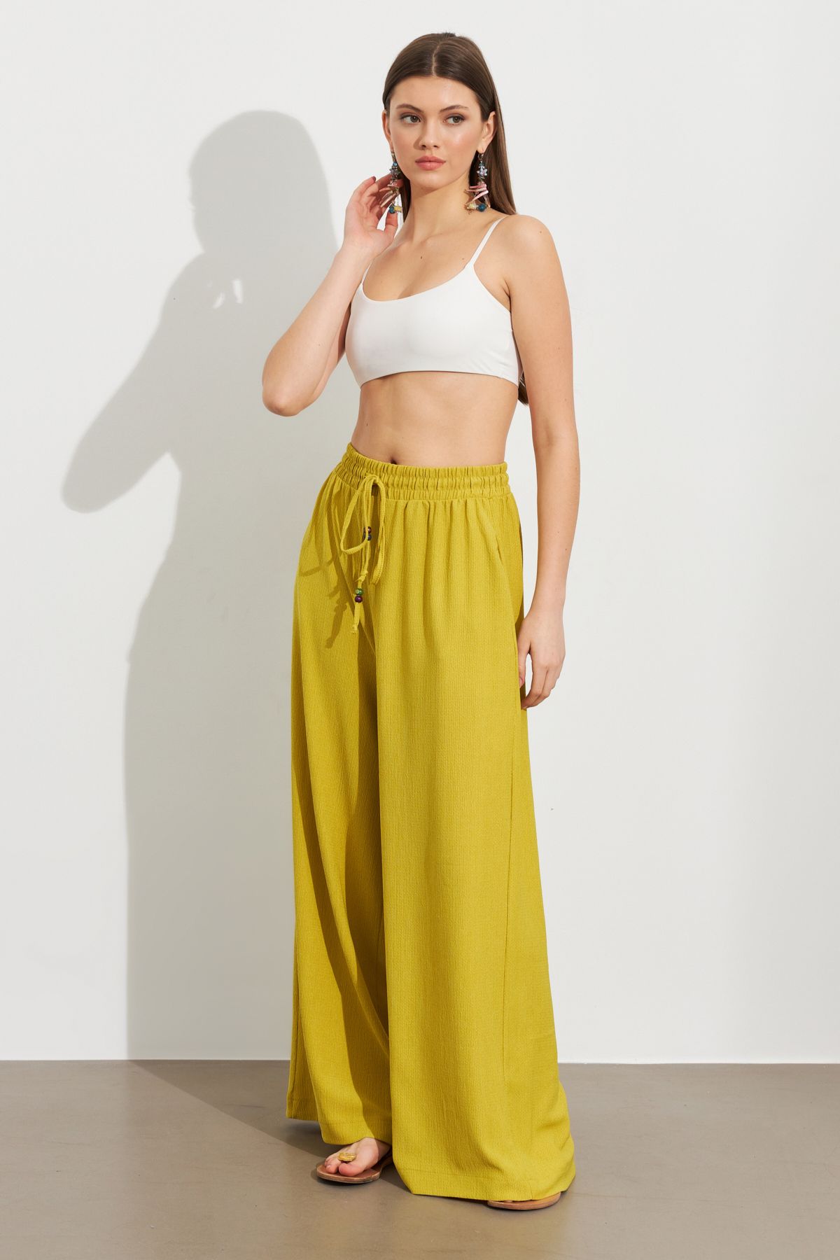 Cool & Sexy Kadın Yağ Yeşili Beli Lastikli Bürümcük Pantolon ROP105