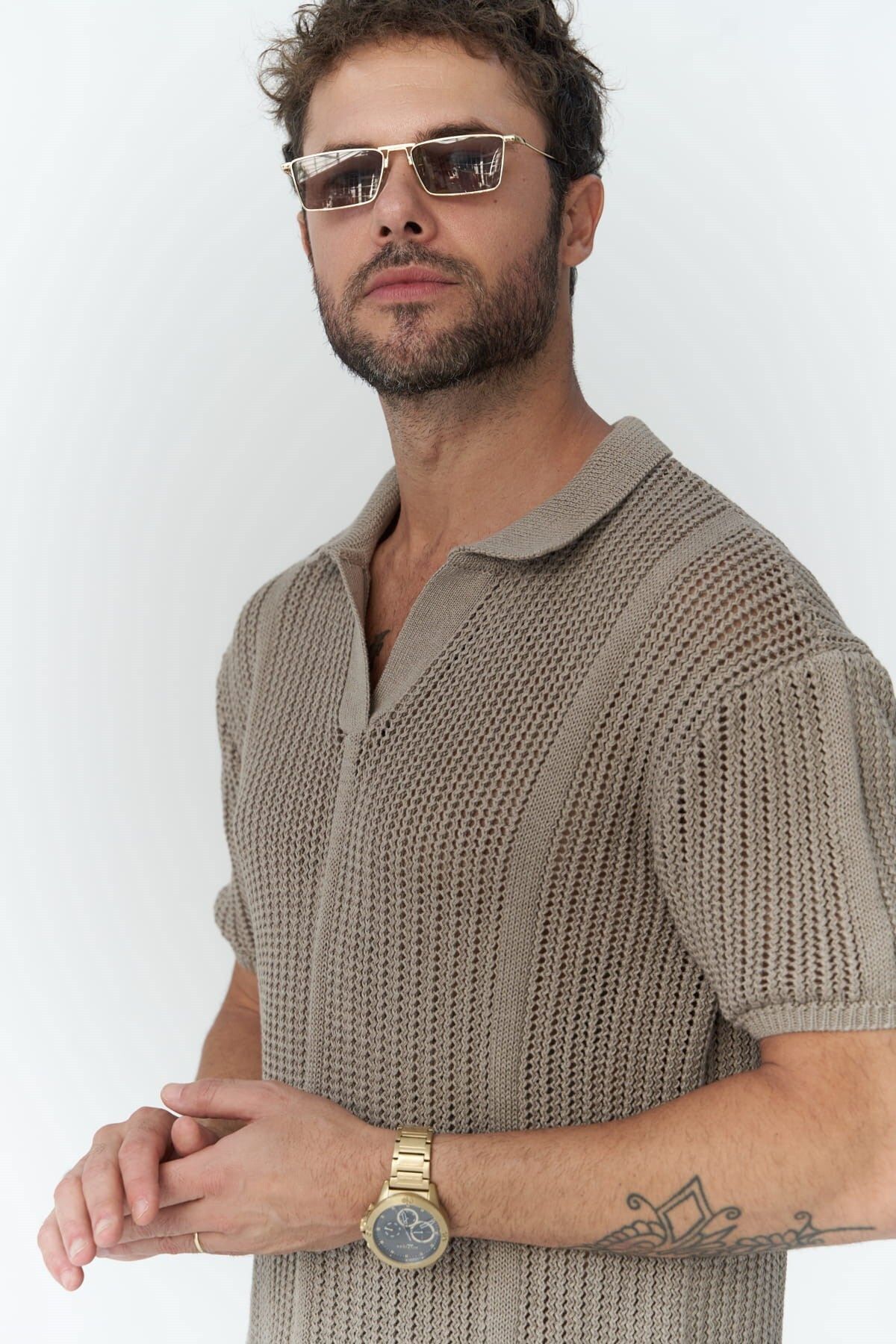 BOHEMAİ-Looke Men's Line Detail Mink Knitwear T-Shirt 6