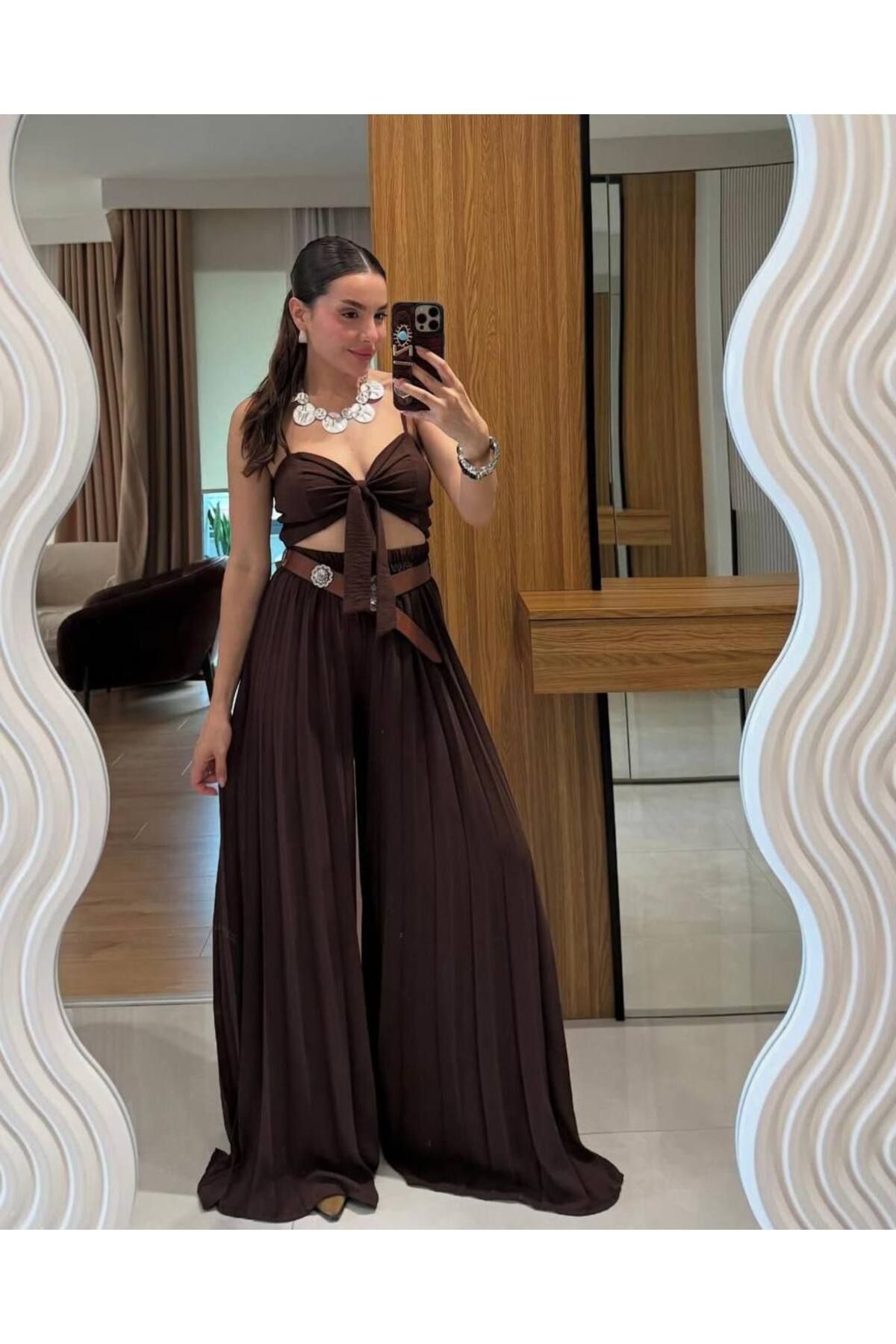 Castivo Fashion Kadın Bağlama Detaylı Pliseli İkili Yazlık Takım