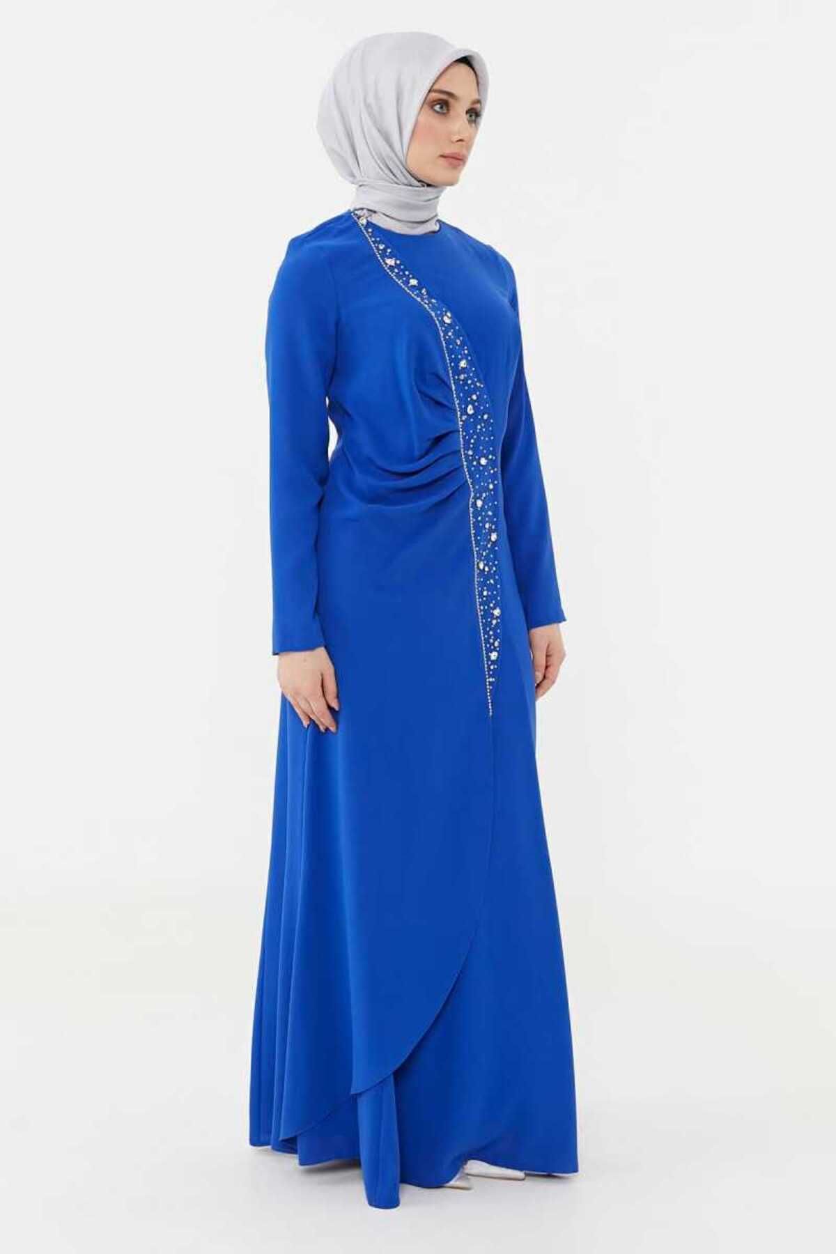 Setrms 2425129-2325129 Taşlı Drape Detaylı Abiye Elbise