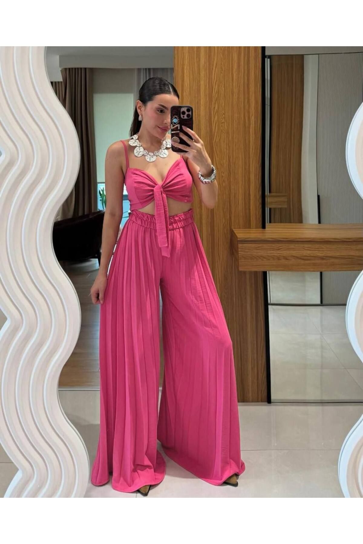 Castivo Fashion Kadın Bağlama Detaylı Pliseli İkili Yazlık Takım