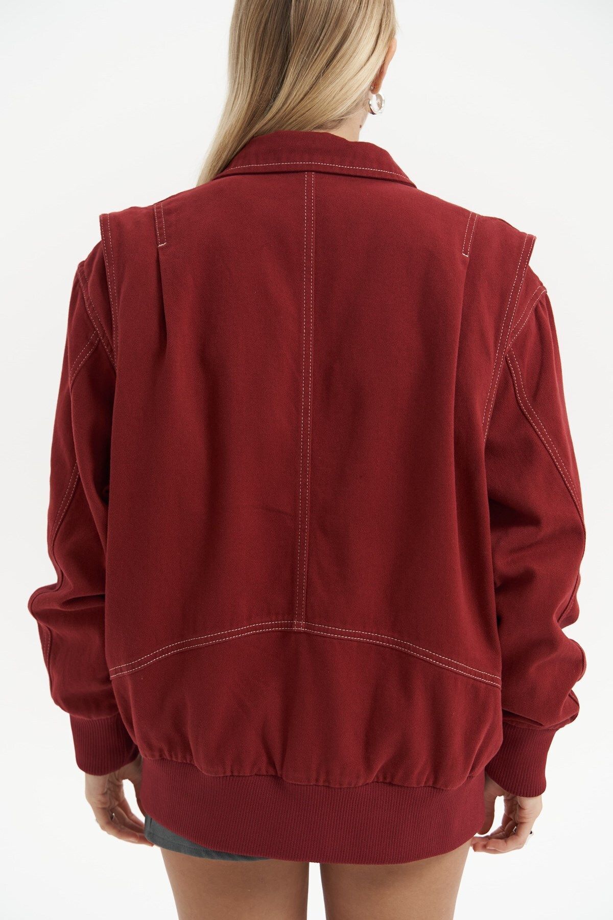 MAİ COLLECTİON-Neus Burgundy Oversize Jean Jacket 5