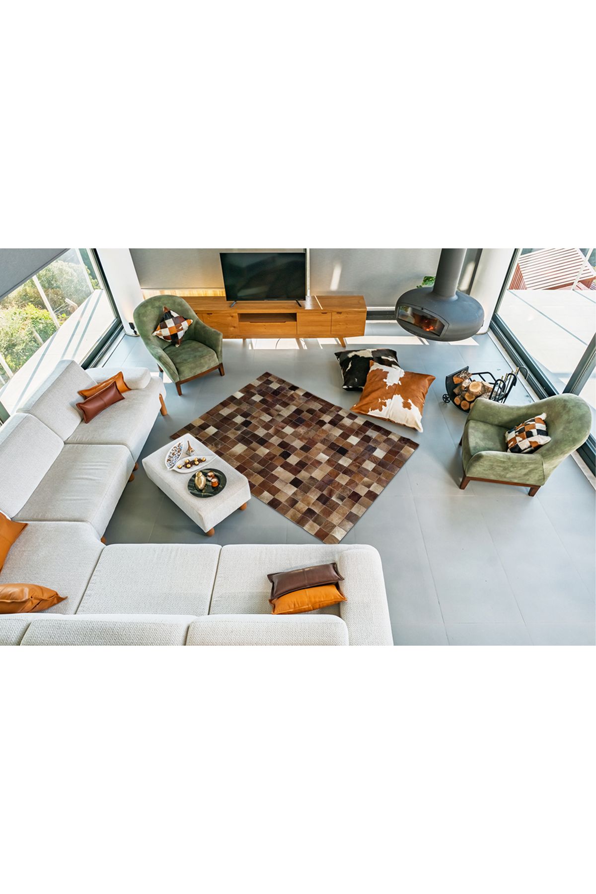 Barrio Rico %100 Doğal Dana Derisi Kaymaz Taban Premium Patchwork Halı - Kahverengi