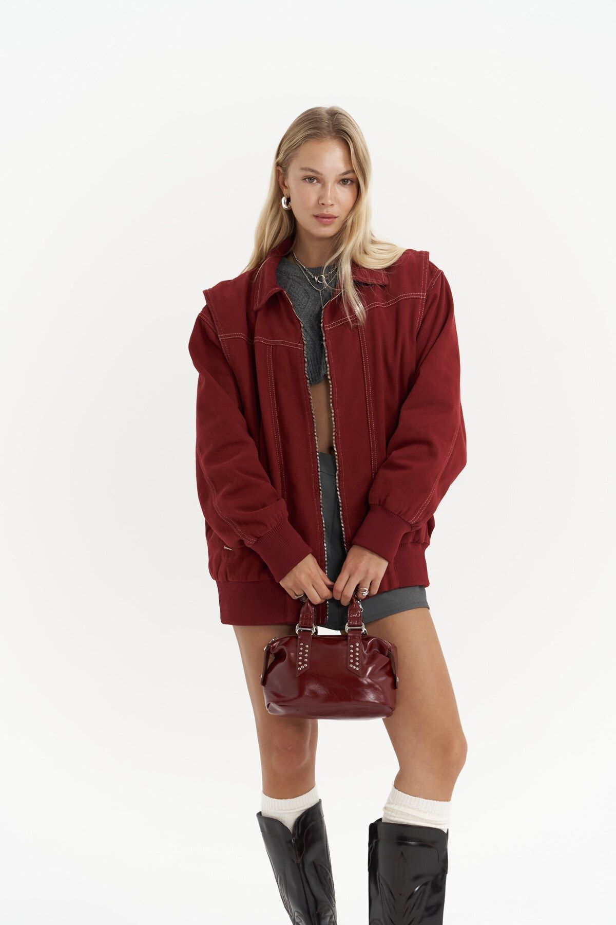 MAİ COLLECTİON-Neus Burgundy Oversize Jean Jacket 2