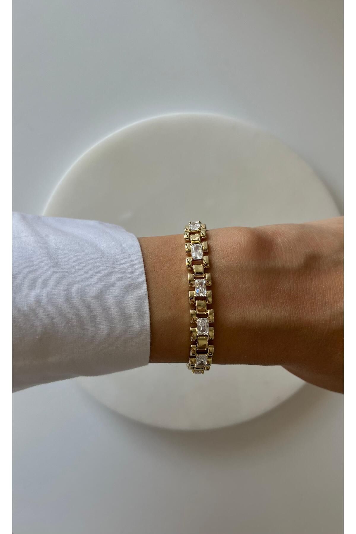 rimeaccessories çelik üzeri 14k altın kaplama xuping alerji yapmayan zirkon baget taşlı kordon model gold bileklik