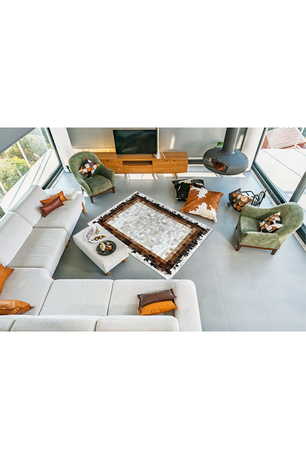 Barrio Rico %100 Doğal Dana Derisi Kaymaz Taban Premium Patchwork Halı - Beyaz Kahverengi