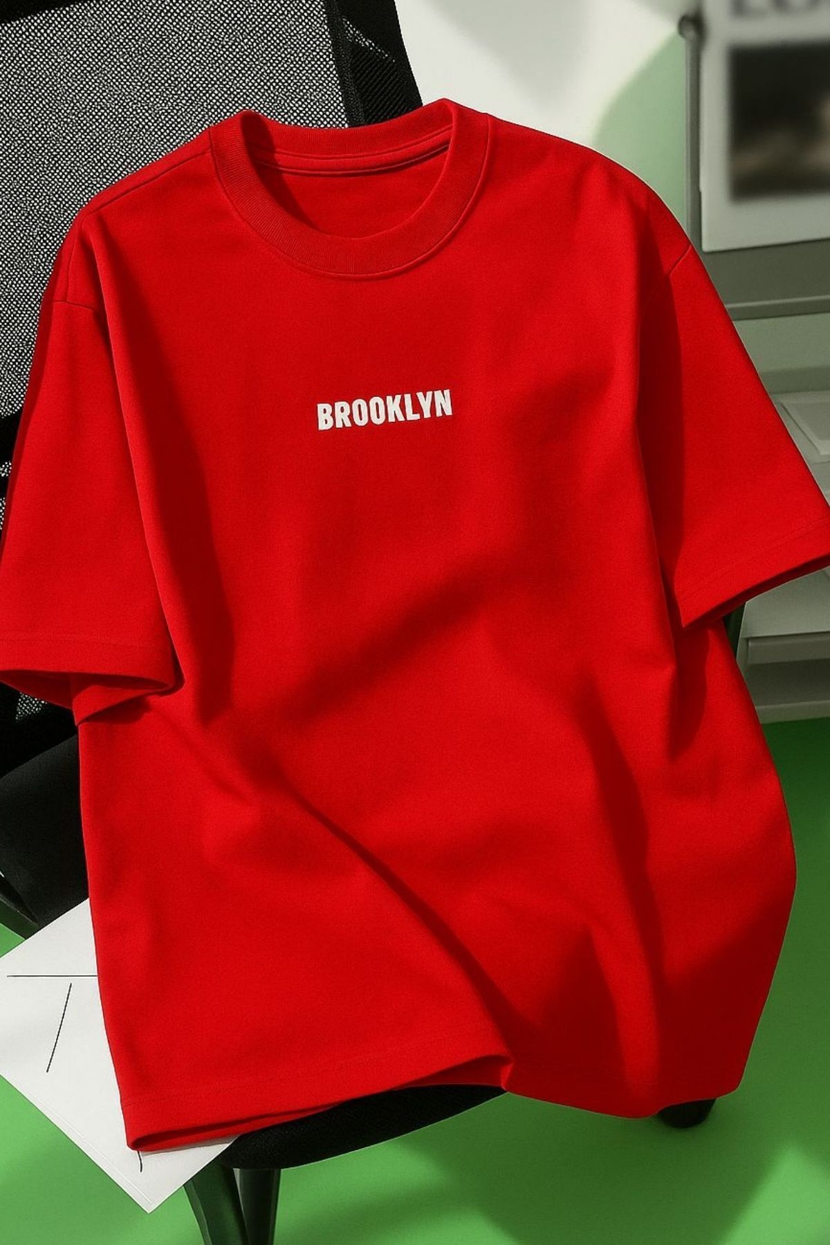 Know Unisex Erkek/Kadın Kırmızı BROOKLYN Renkli Özel Baskı Oversize Pamuklu Bisiklet Yaka T-Shirt Tişört