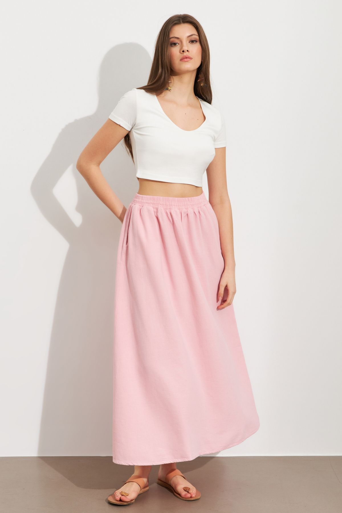 Cool & Sexy Kadın Pembe Keten Cepli Midi Etek RSP4440