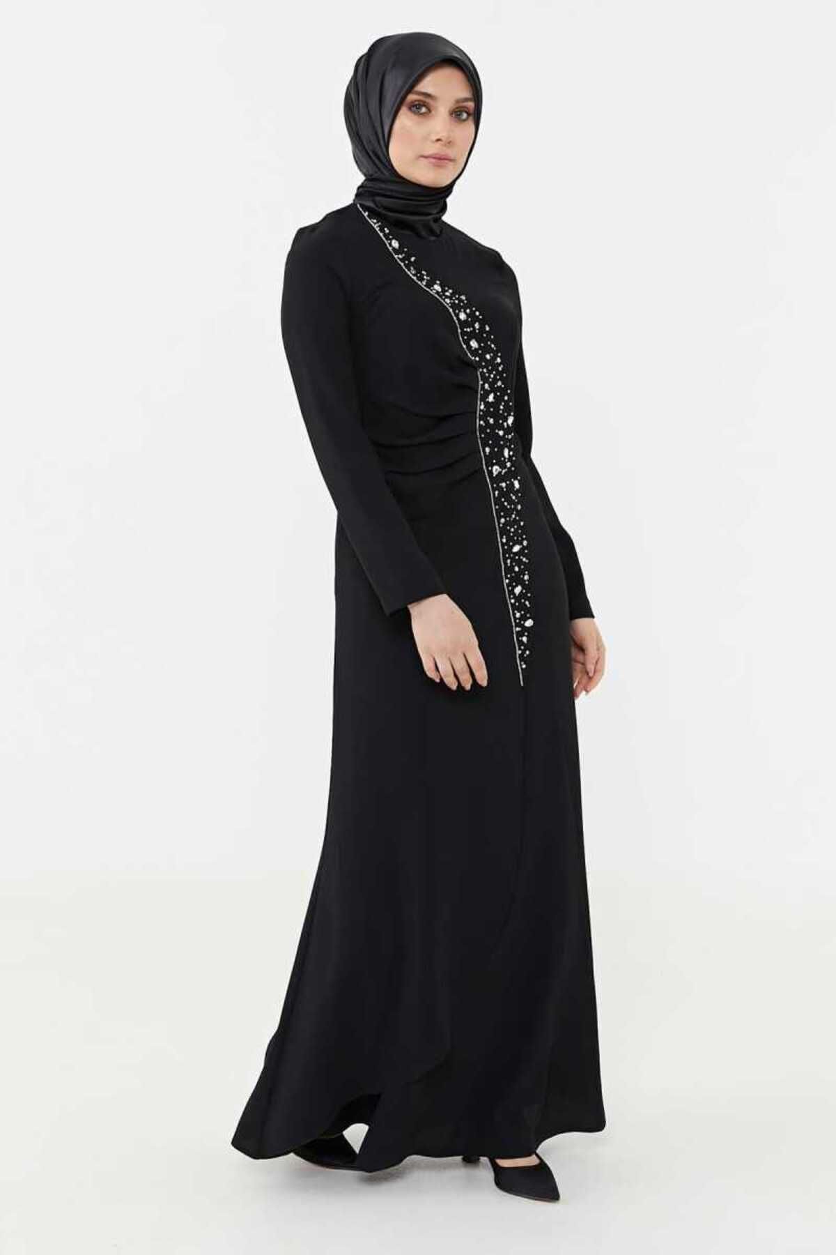 Setrms 2425129-2325129 Taşlı Drape Detaylı Abiye Elbise