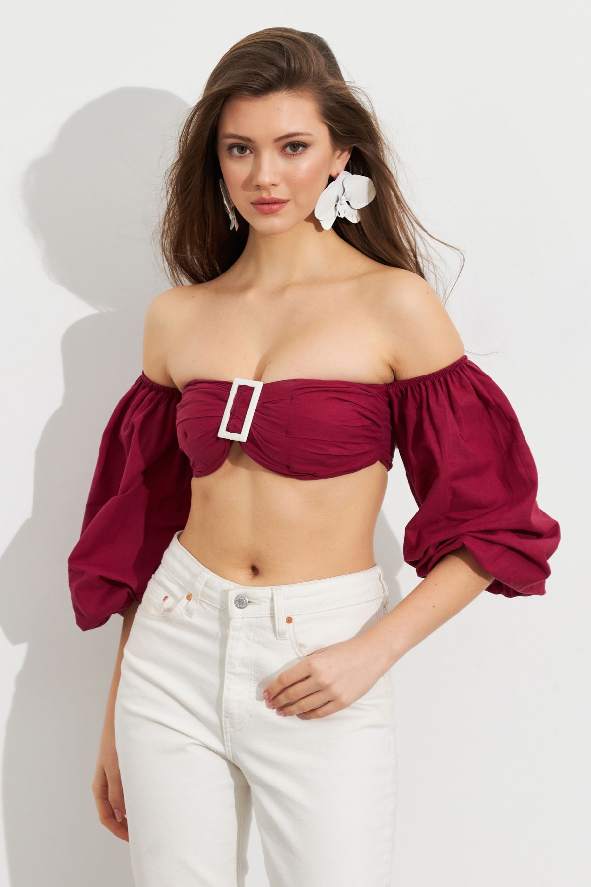 Cool & Sexy Kadın Bordo Balon Kol Crop Bluz ROP111