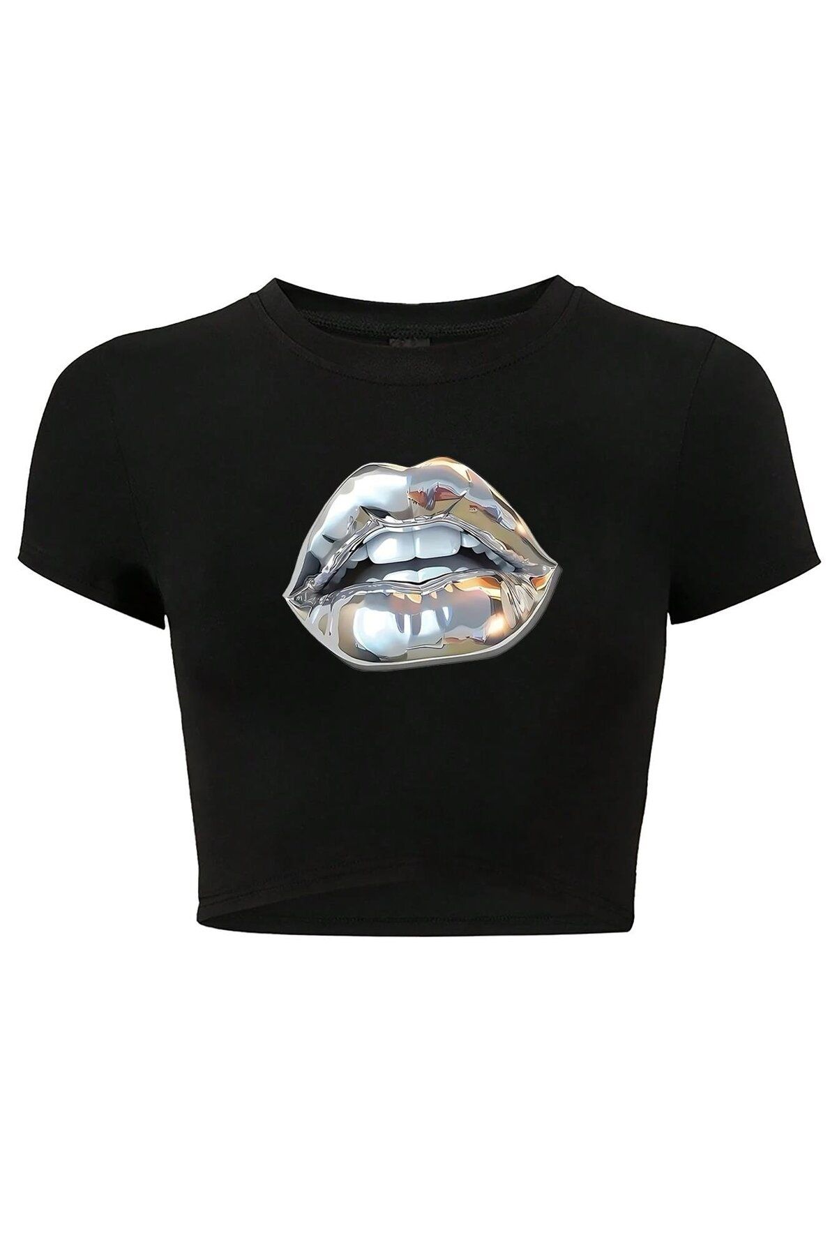 BRZ COLLECTION Kadın Silver Lip Gümüş Dudak Crop T-shirt Siyah