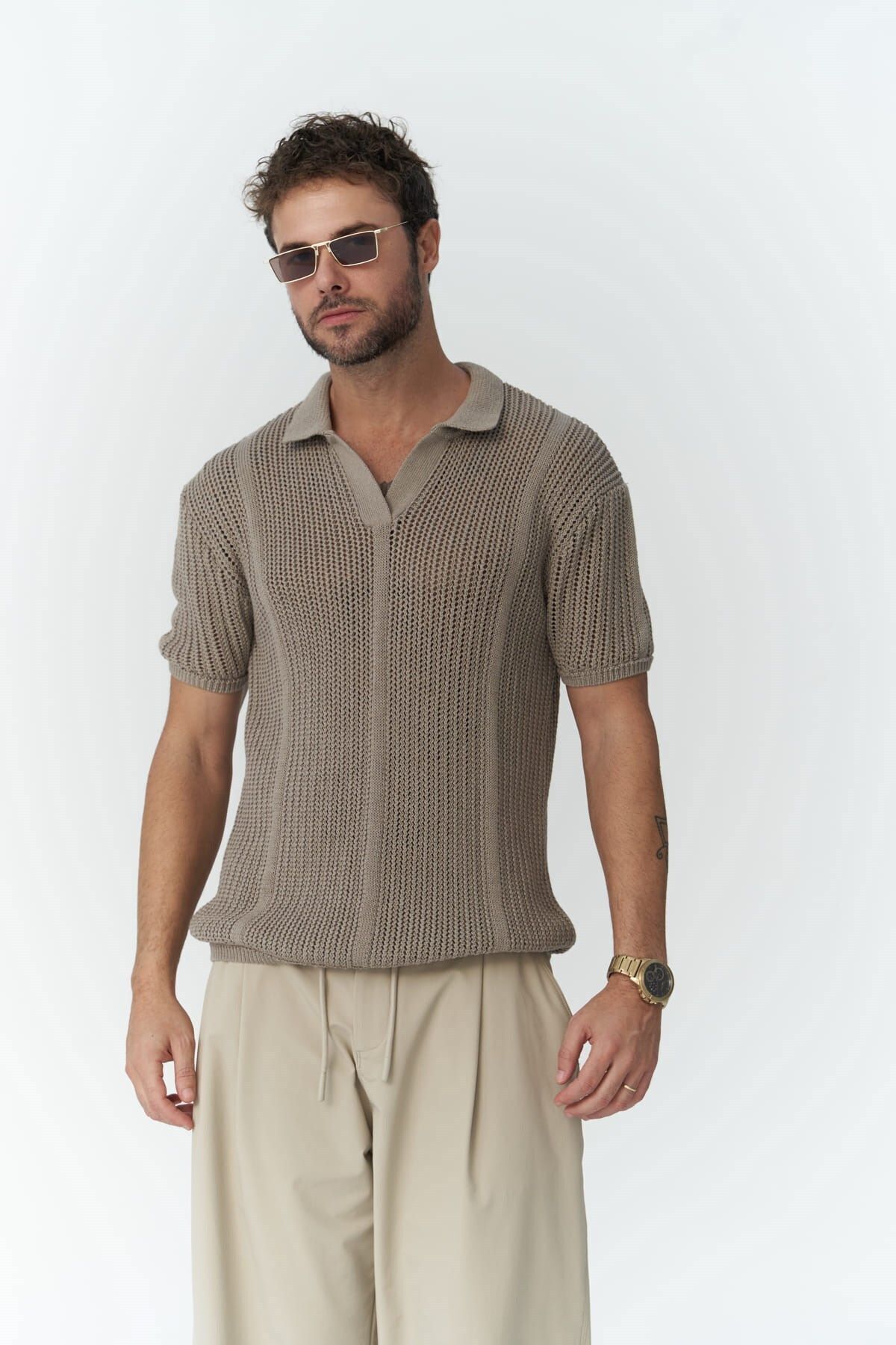 BOHEMAİ-Looke Men's Line Detail Mink Knitwear T-Shirt 7
