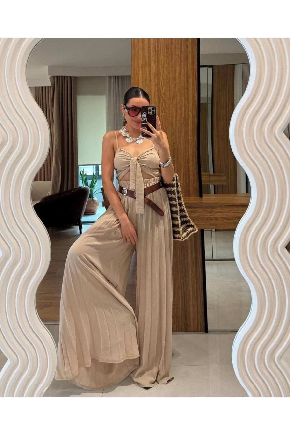 Castivo Fashion Kadın Bağlama Detaylı Pliseli İkili Yazlık Takım