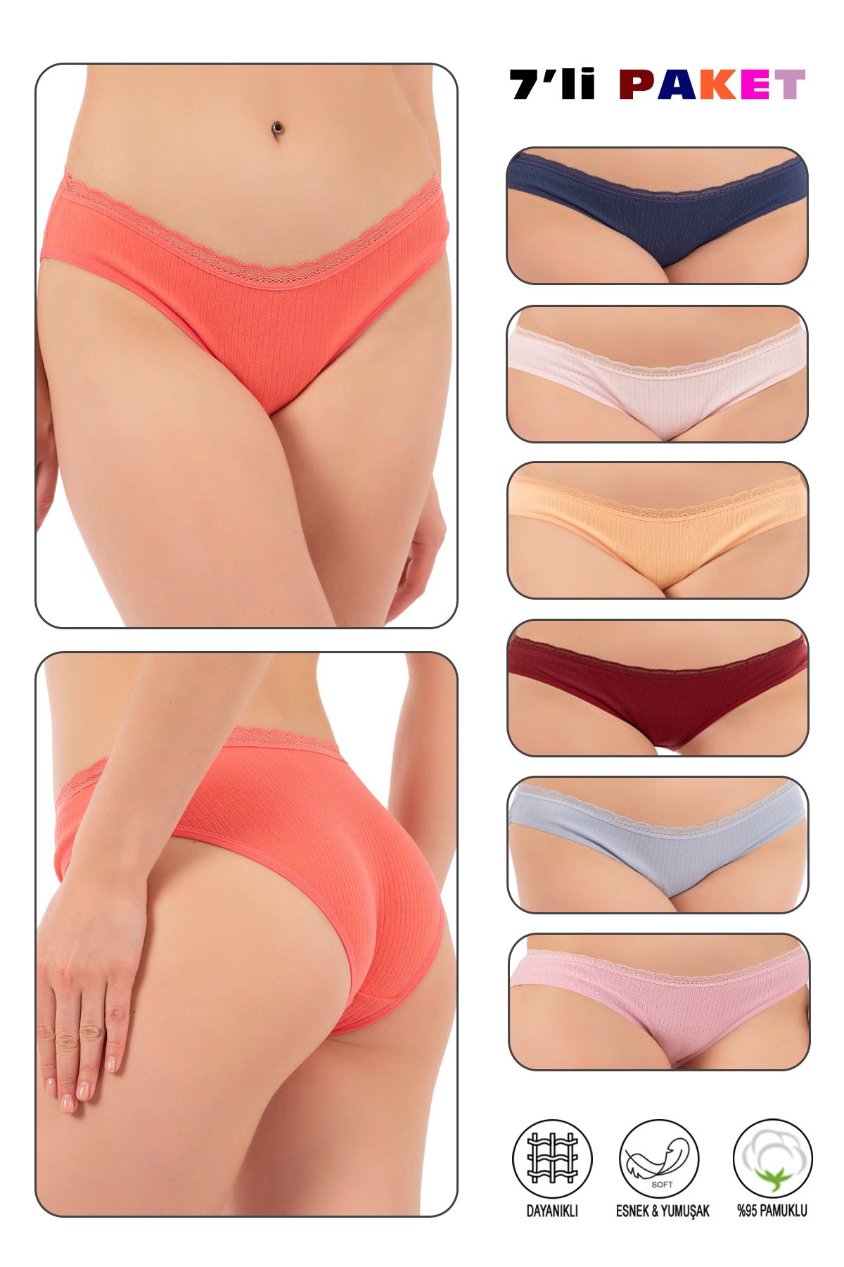 ÖZKAN underwear Kadın 7'li Paket Karışık Renk %95 Pamuklu Ribana Esnek Rahat Beli Dantelli Slip Bikini K