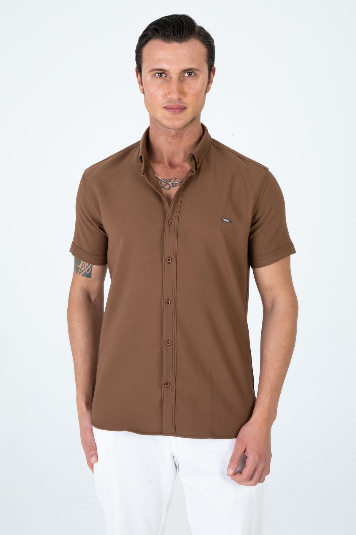 Artı1 Erkek Slim Fit Dar Kesim Kısa Kollu Nefes Alan Örme Doku Yazlık Erkek Gömlek