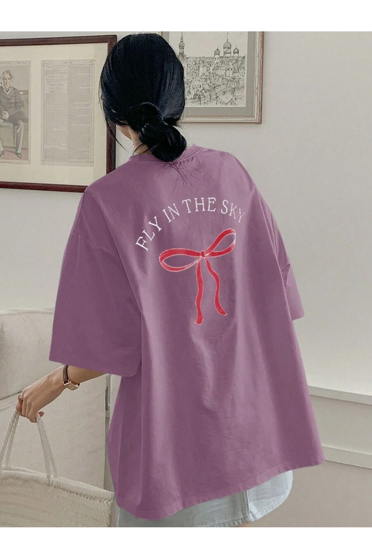 KAPHONE Kadın Oversize Pamuklu Ön Arka Kurdele Baskılı T-shirt
