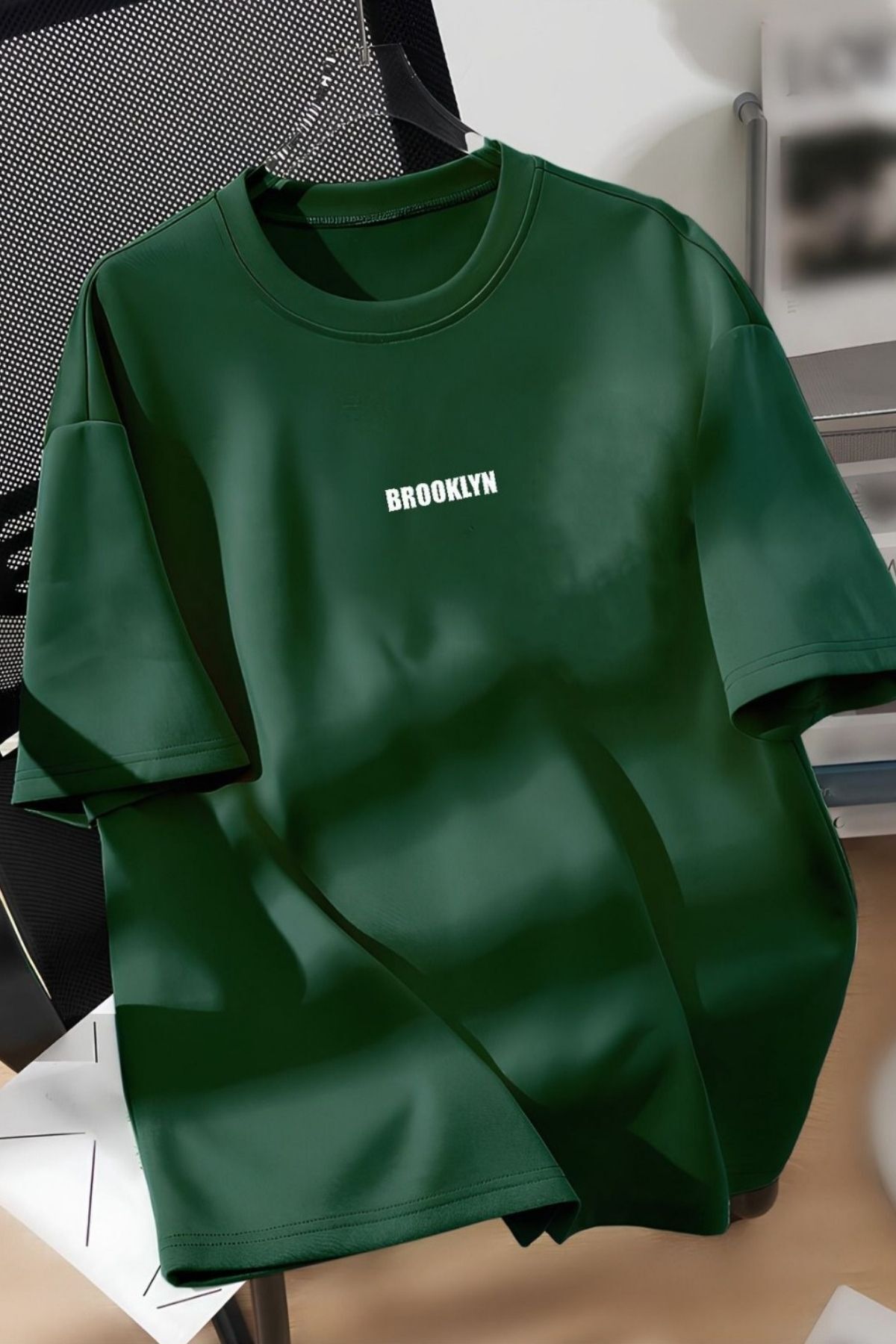 Know Unisex Erkek/Kadın Nefti BROOKLYN Renkli Özel Baskı Oversize Pamuklu Bisiklet Yaka T-Shirt Tişört