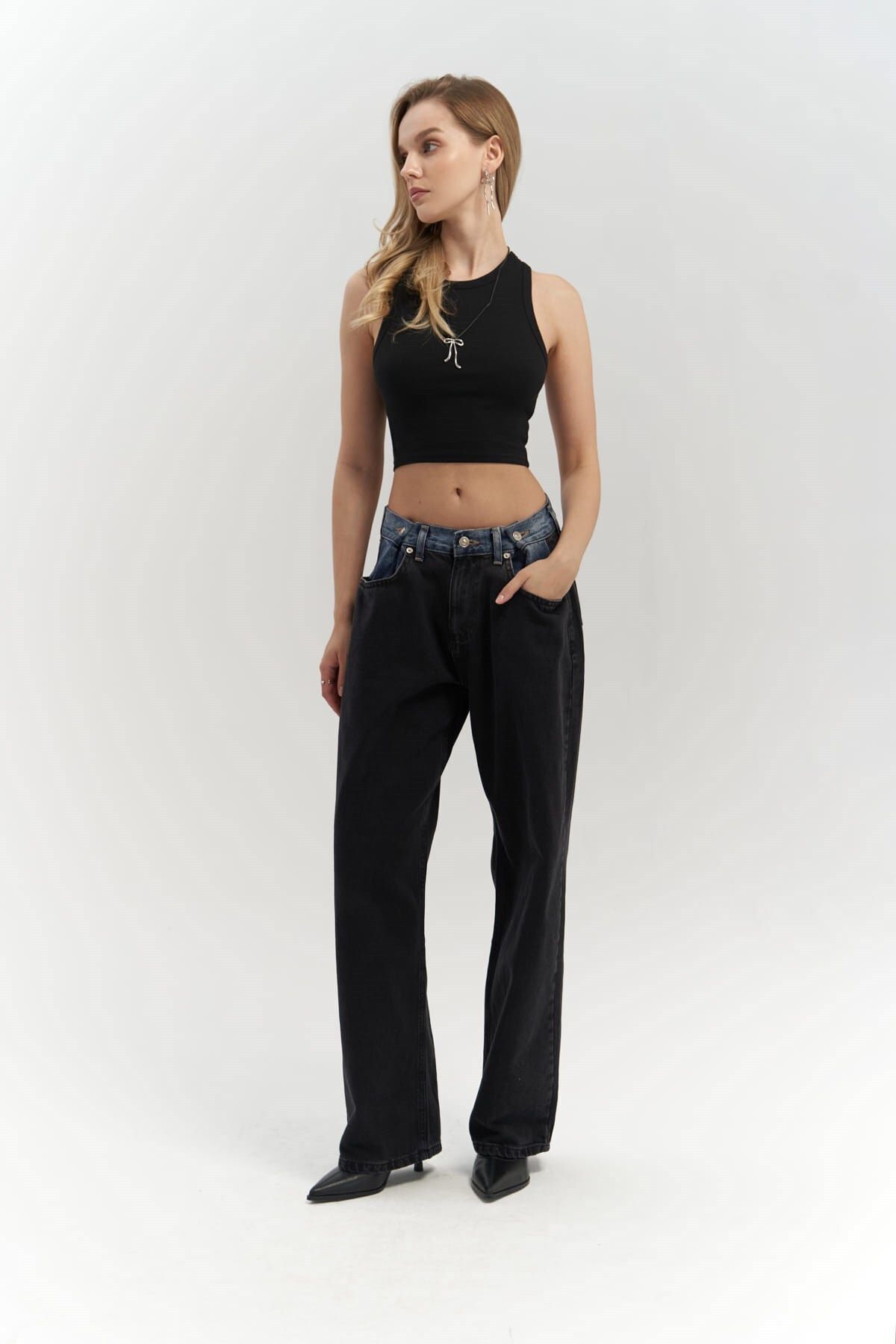 MAİ COLLECTİON-Fleur Corded Neckholder Schwarz Crop 6