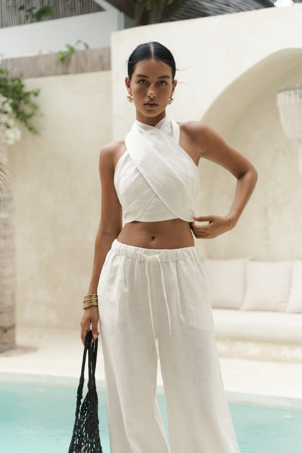 BOHEMAİ-White Linen Crop Trousers Set - Moira 1