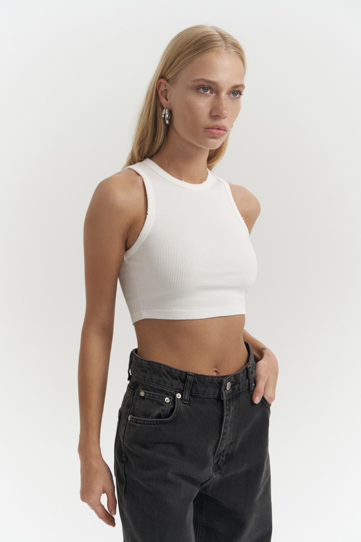 MAİ COLLECTİON-Shoulder White Washed Corded Crop 4