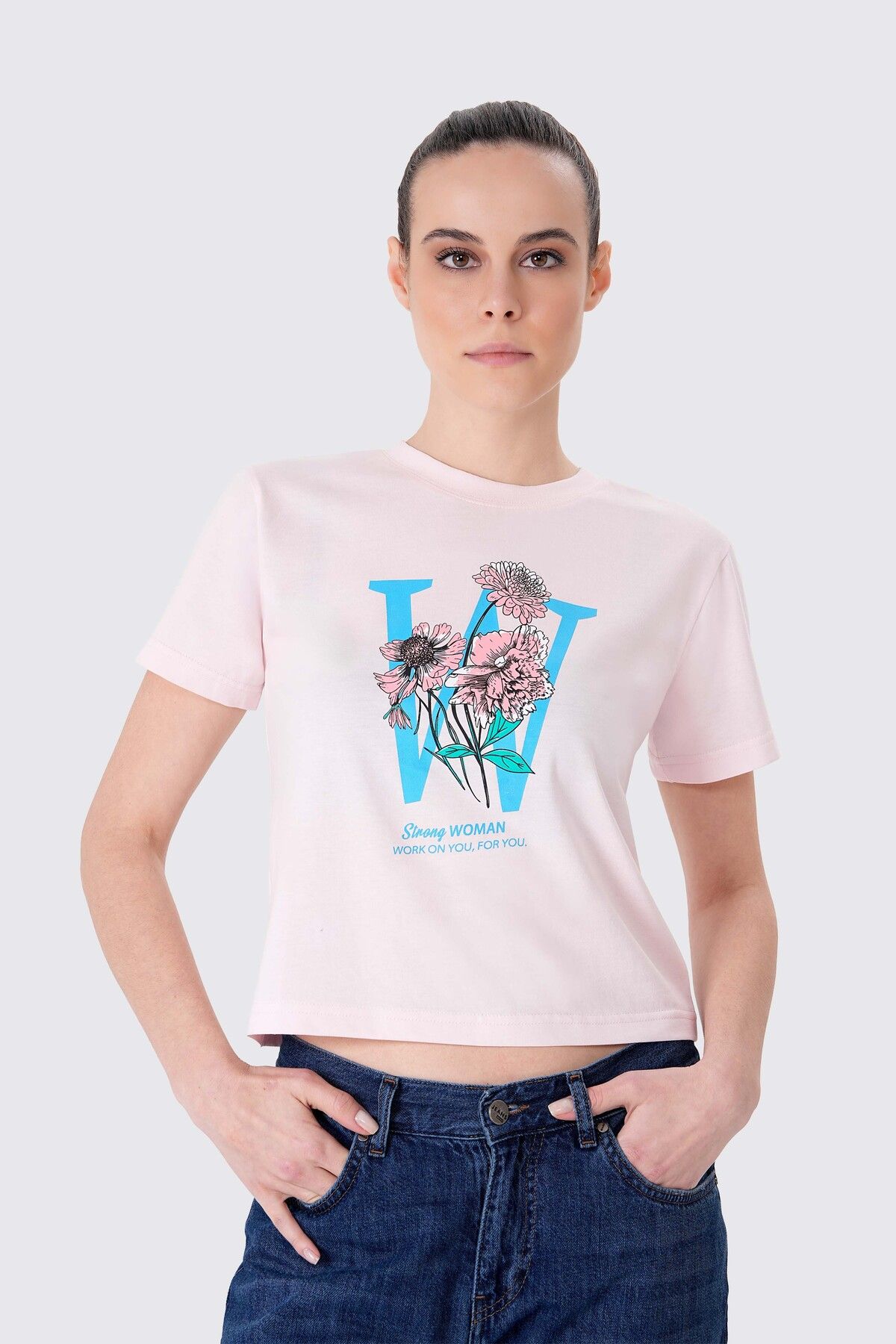 UNIQVIBE Organik Pamuk Pembe Kadın Baskılı Crop Tişört