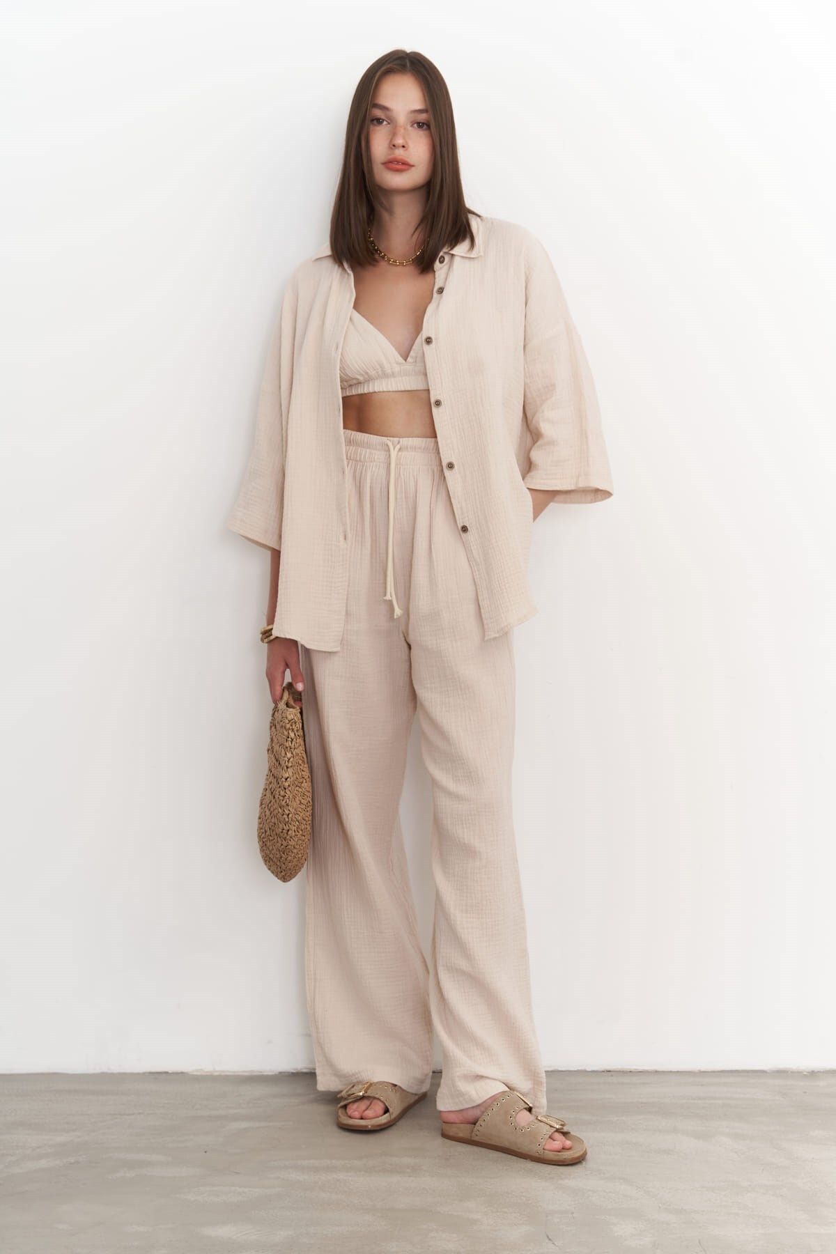 BOHEMAİ-Reyna Dark Beige Muslin Triple Set 1
