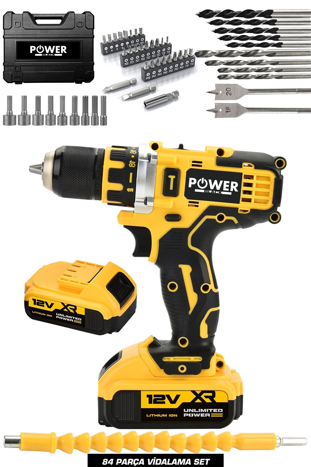 teknotrust 12v 2.0ah Şarjlı Matkap Metal Şanzıman Bakır Sargılı Çift Akülü 84 Parça Set Powerblack