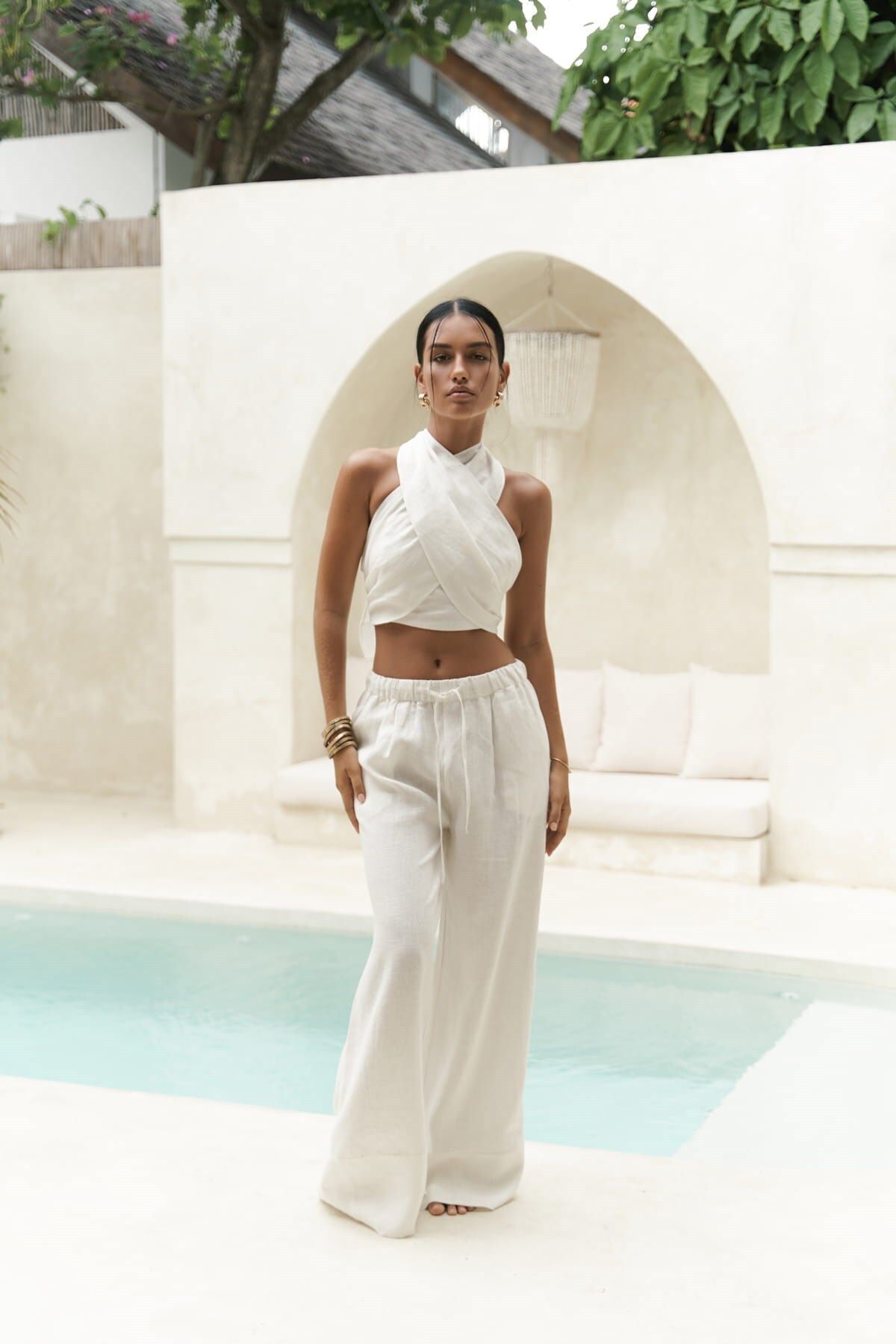 BOHEMAİ-White Linen Crop Trousers Set - Moira 7