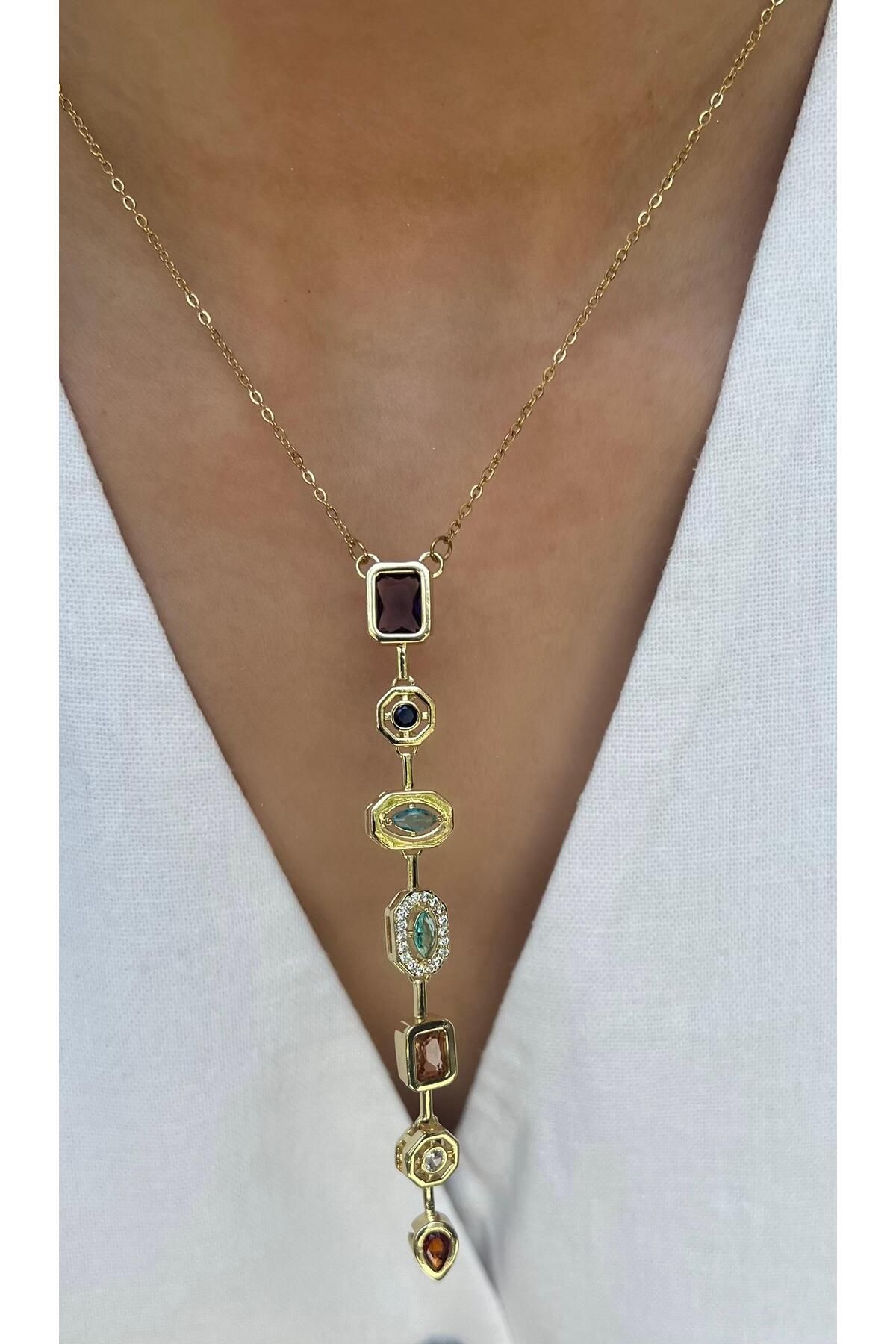 rimeaccessories renkli taşlı paslanmaz çelik gold Y kolye