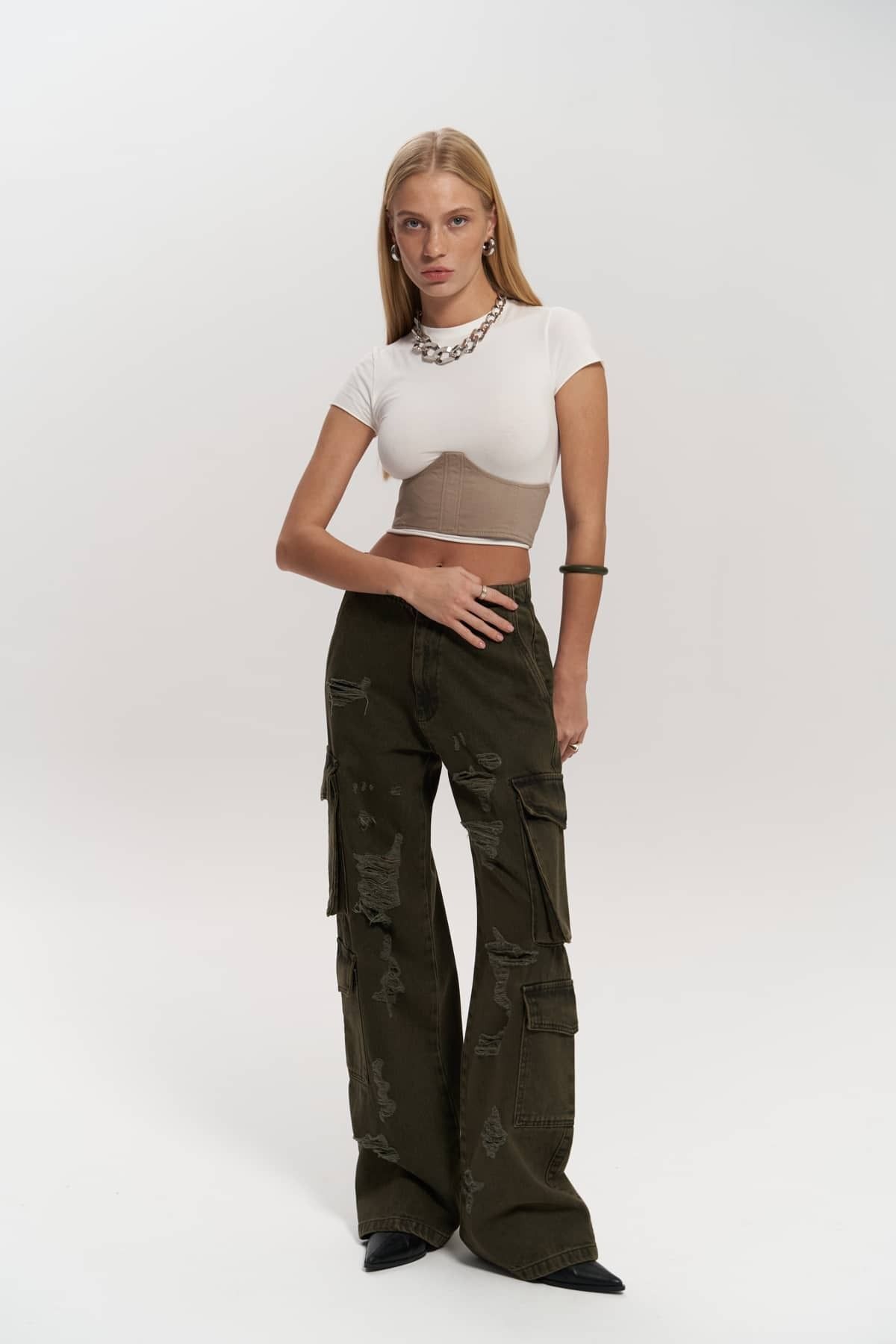 MAİ COLLECTİON-Pantaloni cargo cu detalii rupte Dries Dirty Green 7