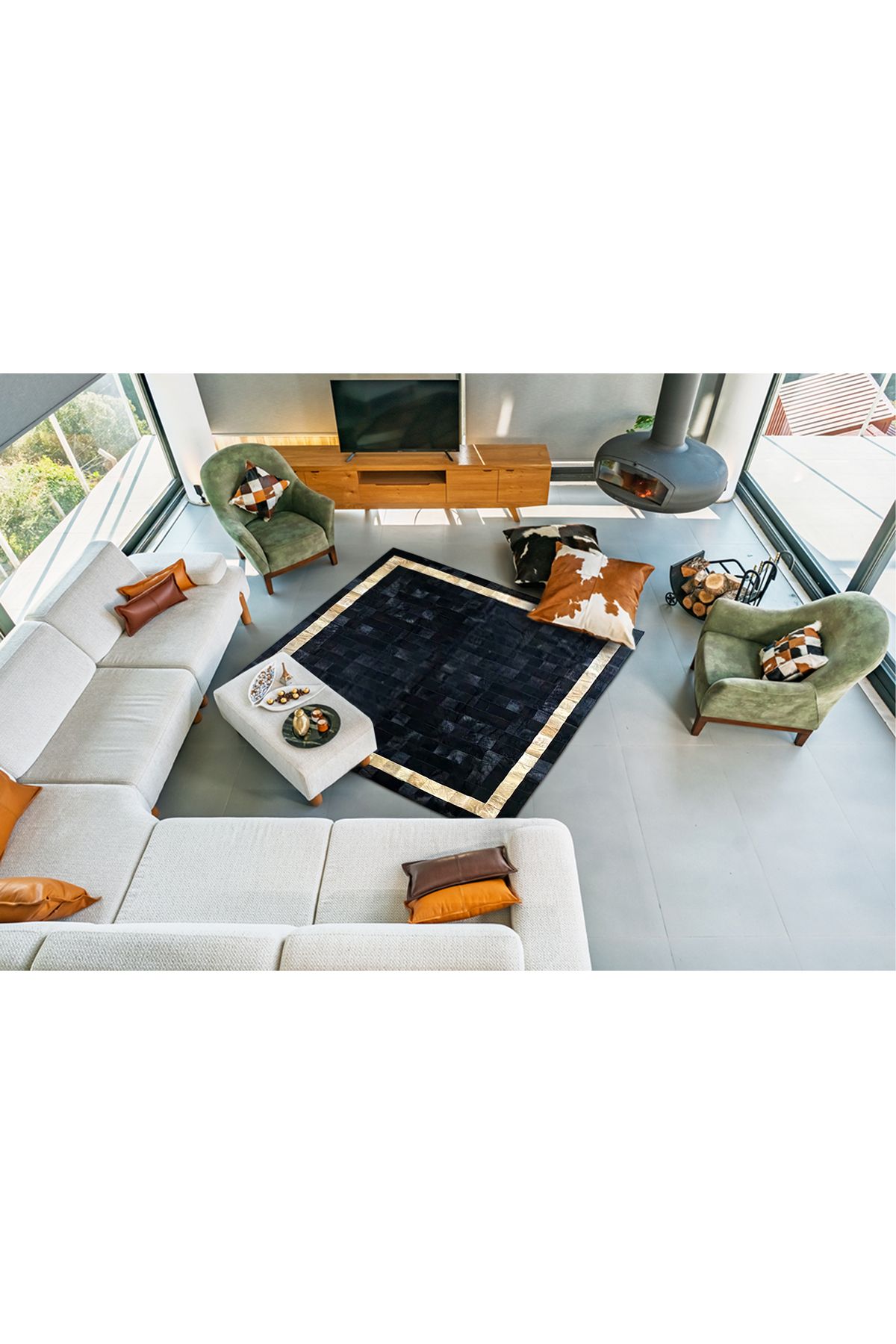 Barrio Rico %100 Doğal Dana Derisi Kaymaz Taban Premium Patchwork Halı - Siyah Gold