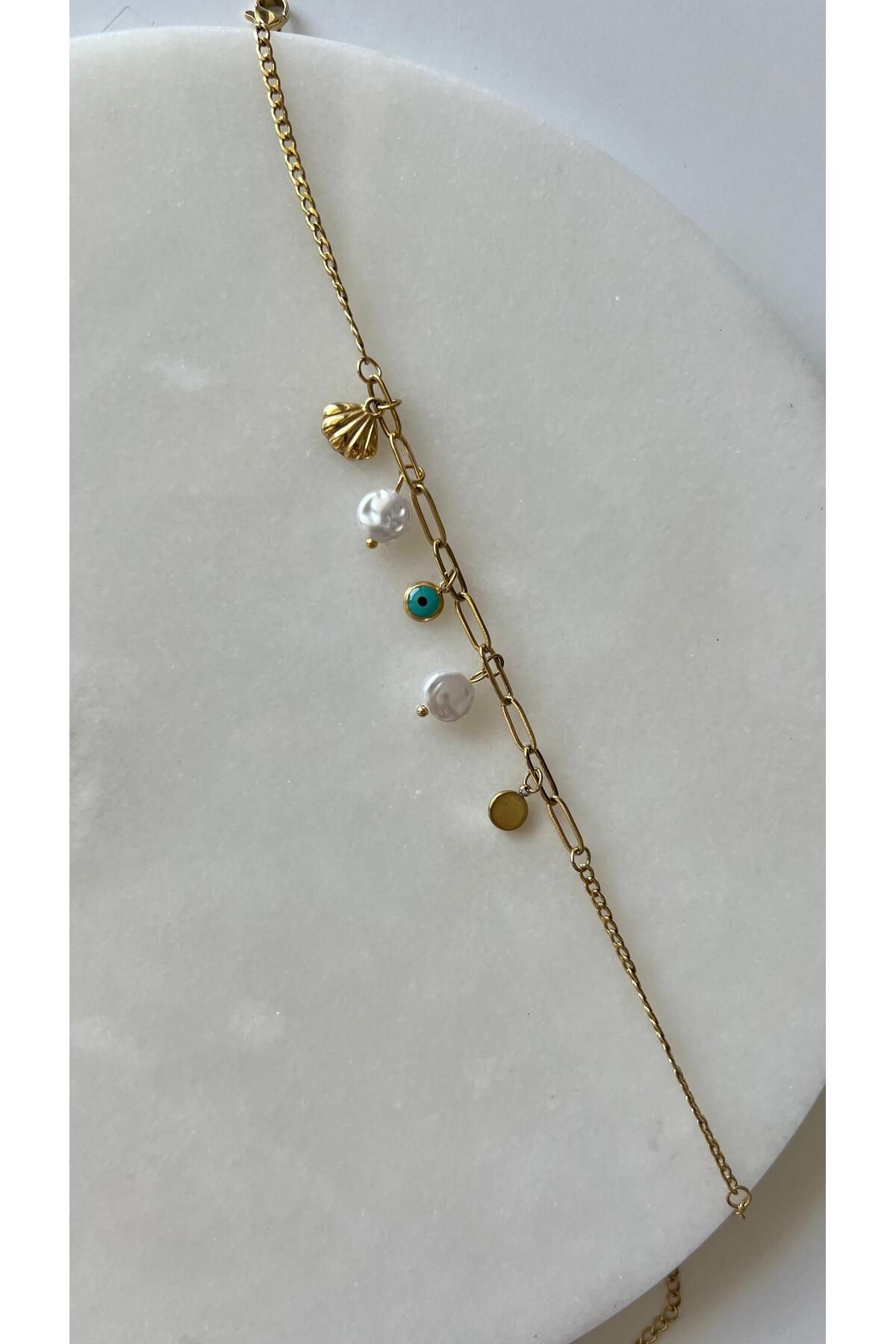 rimeaccessories paslanmaz çelik nazar boncuğu istiridye charmlı gold halhal