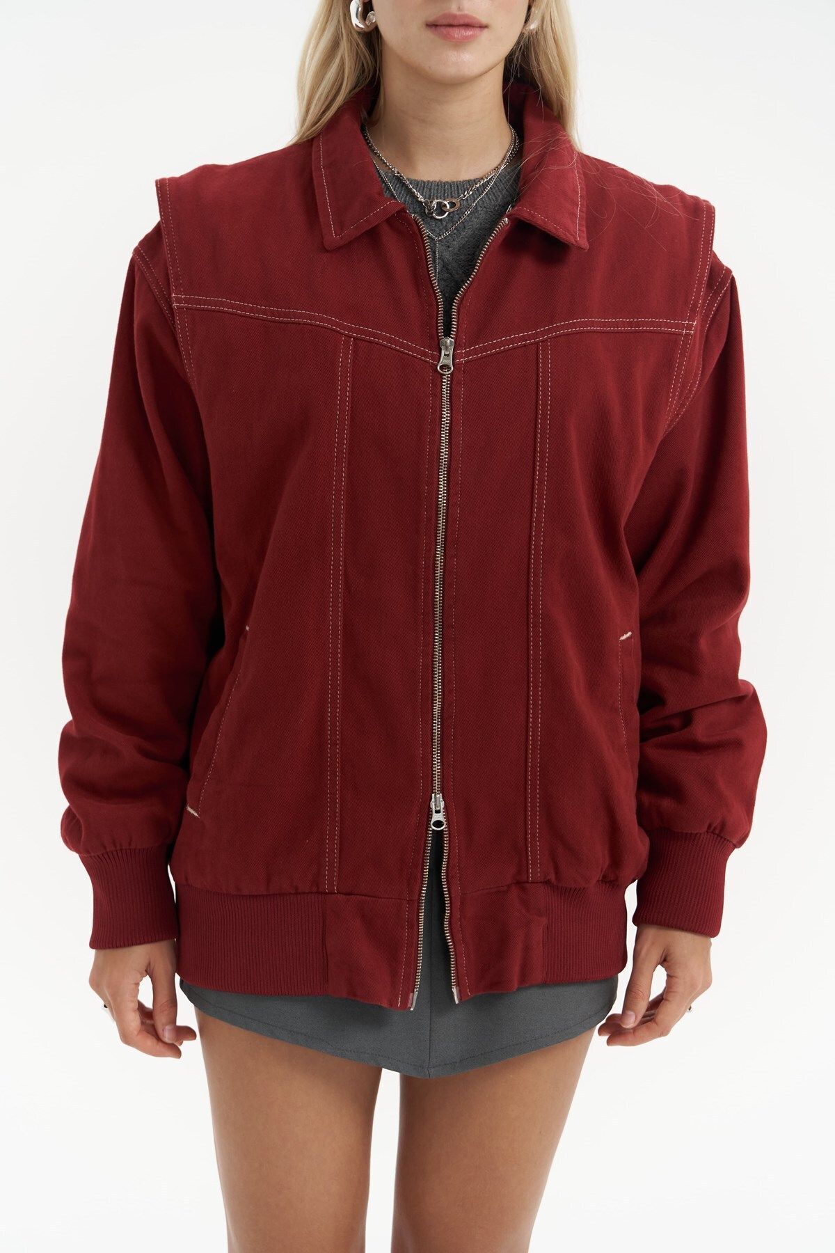 MAİ COLLECTİON-Neus Burgundy Oversize Jean Jacket 3
