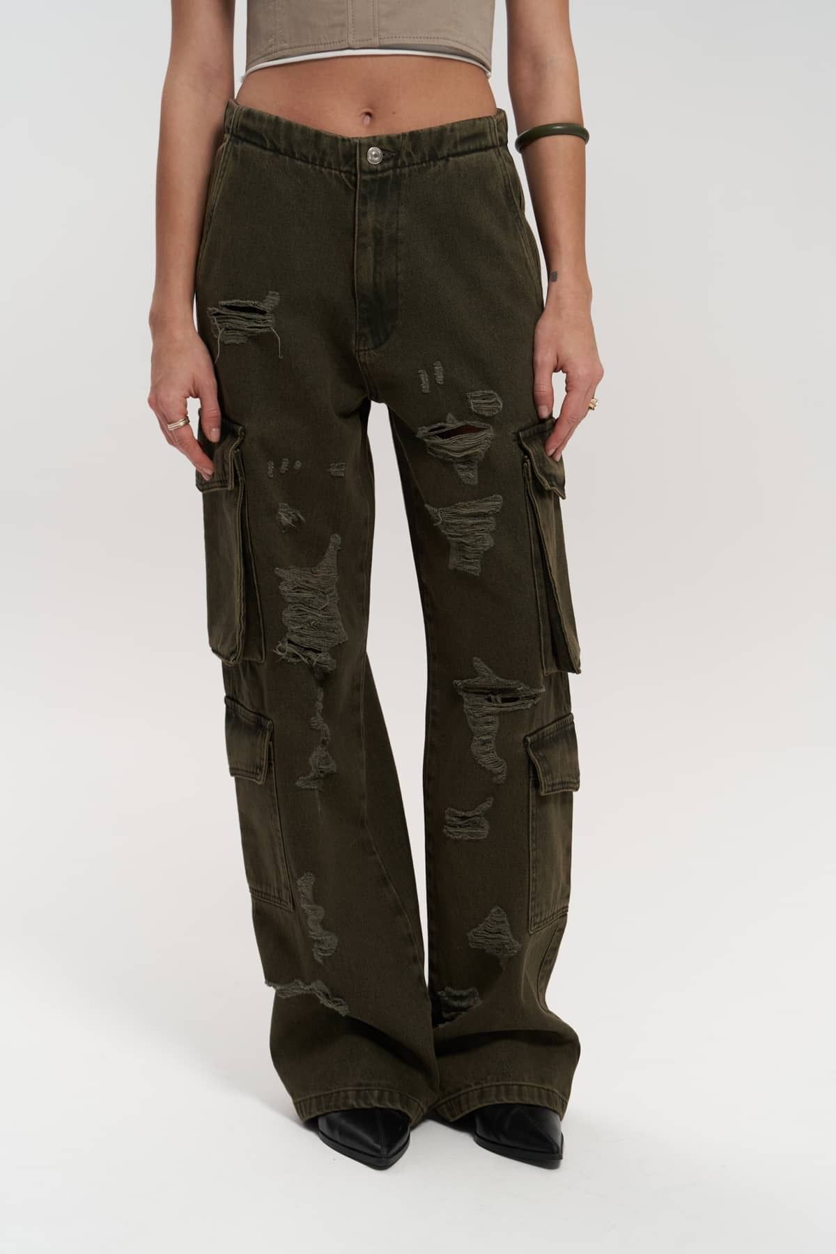 MAİ COLLECTİON-Pantaloni cargo cu detalii rupte Dries Dirty Green 3