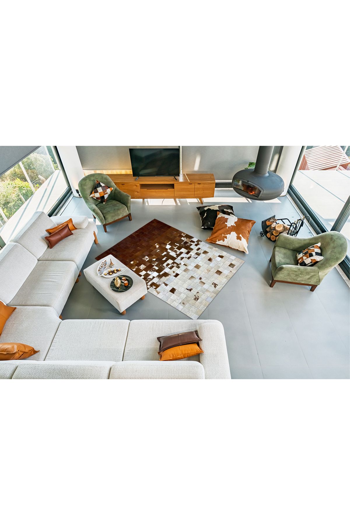 Barrio Rico %100 Doğal Dana Derisi Kaymaz Taban Premium Patchwork Halı - Kahverengi Beyaz