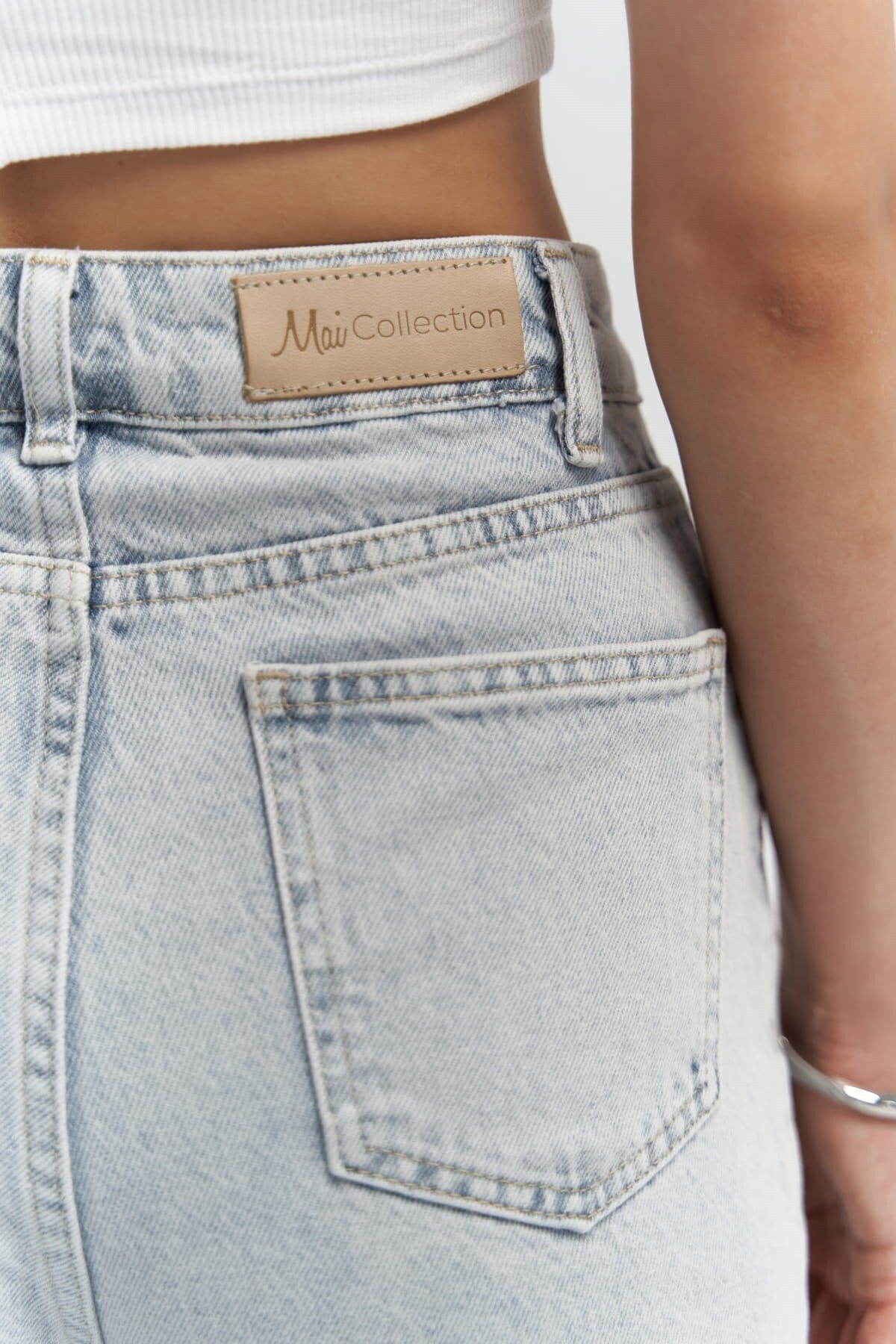 MAİ COLLECTİON-Detail severního pasu Double Ripped Ice Blue Jean 7