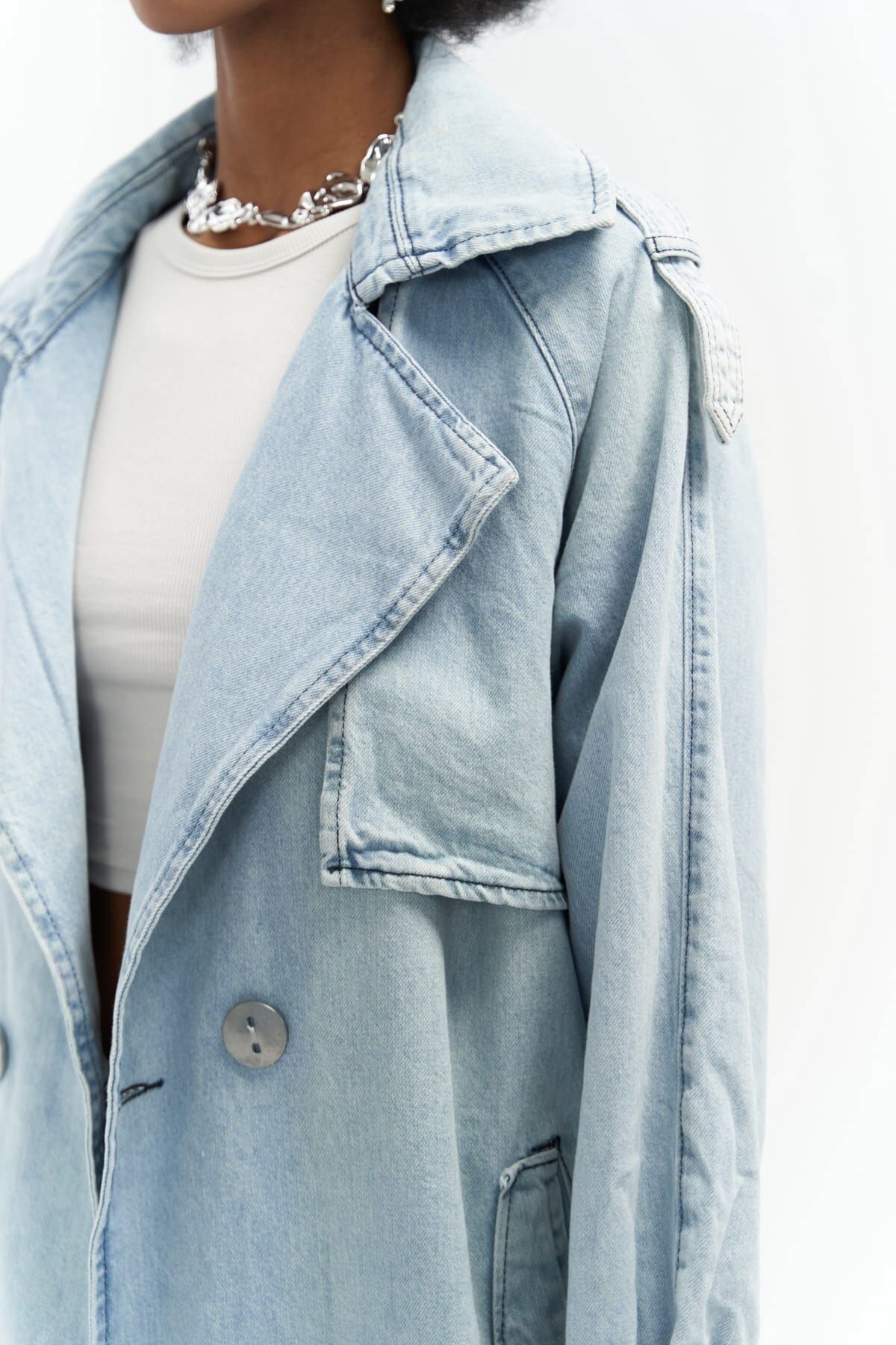 MAİ COLLECTİON-Καμπαρντίνα Ice Blue Jean Trench Coat 3